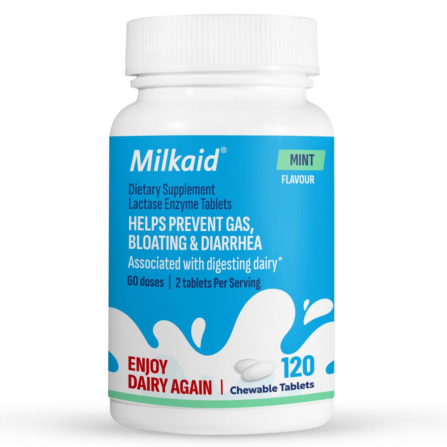 Milkaid Lactase Enzyme Chewable Tablets for Lactose Intolerance Relief, 120 Count