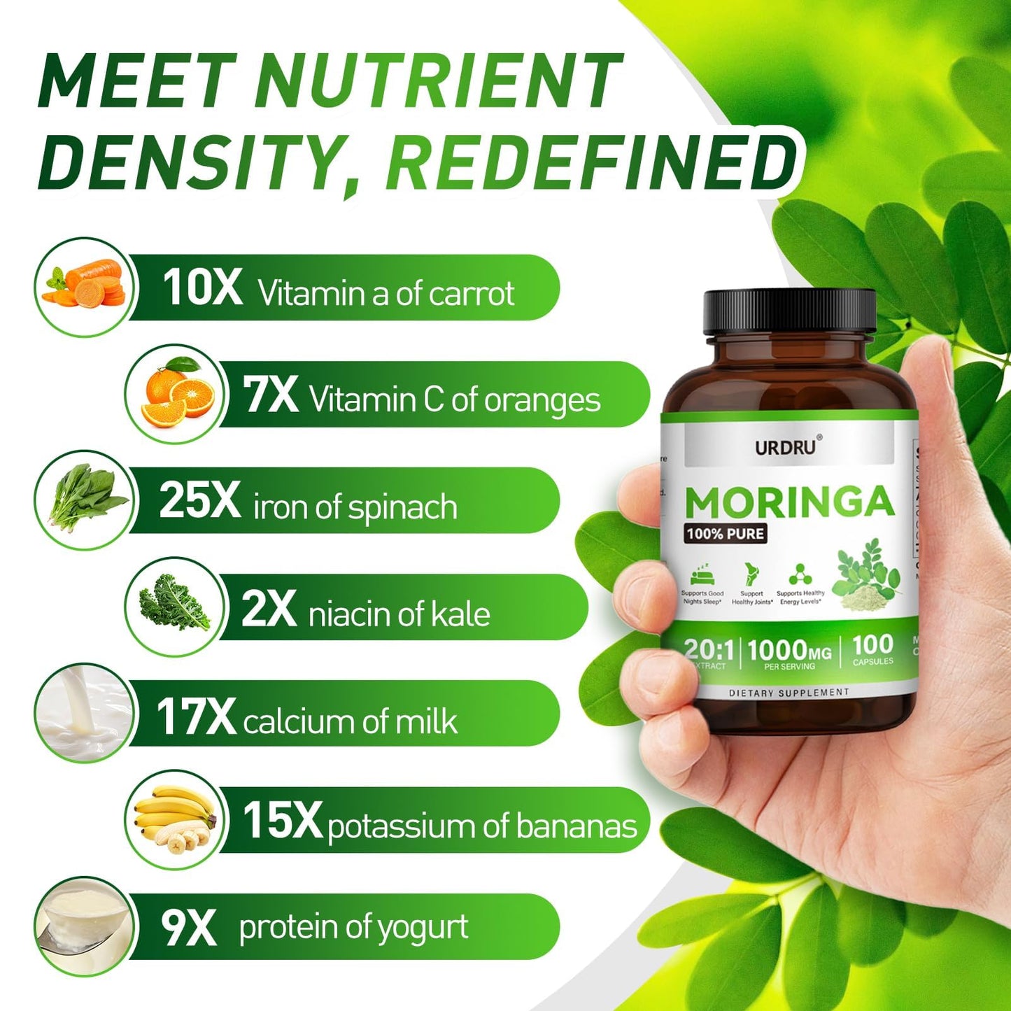 URDRU Moringa Capsules 1000mg per Serving, 100 Capsules