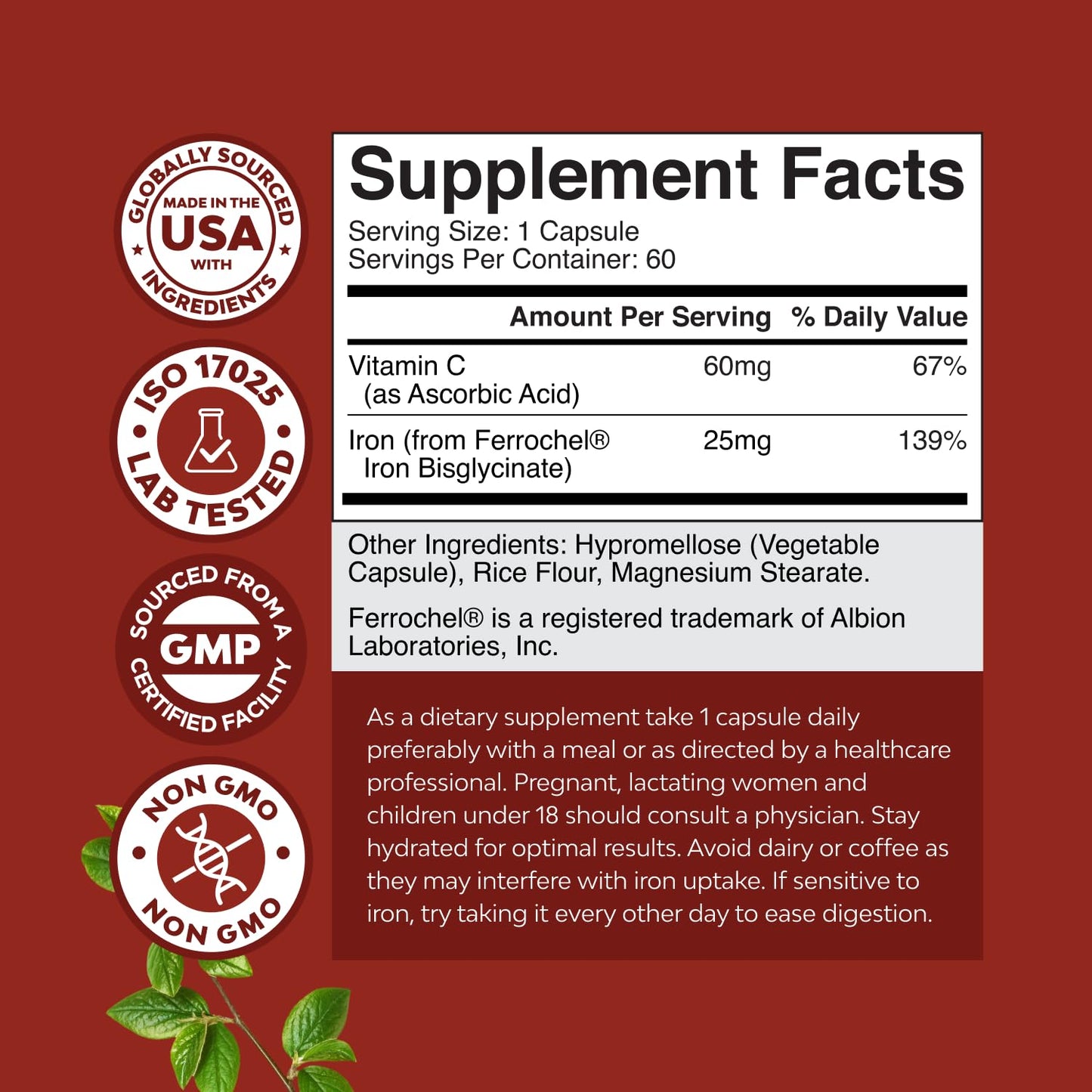 Natures Craft Slow Release Iron Bisglycinate Capsules with Vitamin C, 180 Capsules (Pack of 3)