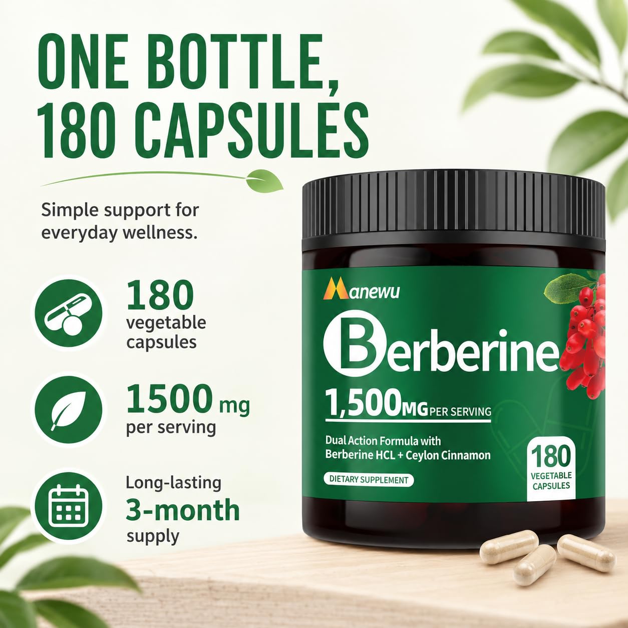 NEOGLI Berberine HCL 1500mg, Ceylon Cinnamon, 180 Capsules