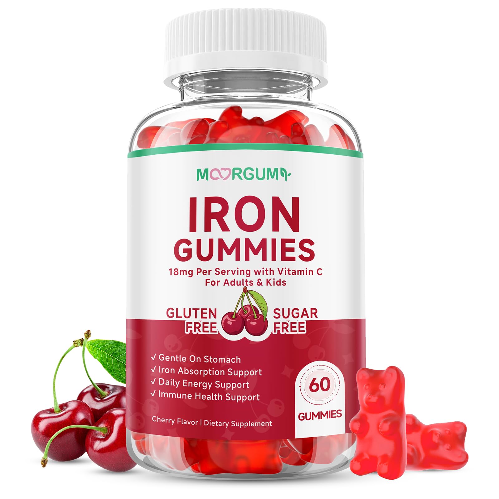 MOORGUMY Iron Gummies with Vitamin C, 18mg Iron, High Absorption, Cherry Flavor, 60 Count