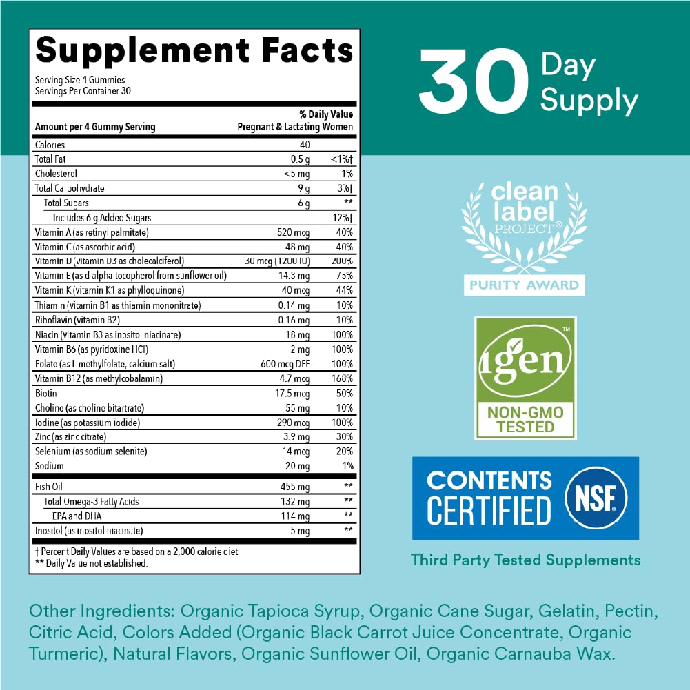 SmartyPants Prenatal Vitamins for Women, Multivitamin Gummies: Omega 3 Fish Oil (EPA/DHA), Biotin, Methylfolate, Vitamin D3, C, Vitamin B12, B6, A, K & Zinc, Inositol, 120 Count (30 Day Supply)
