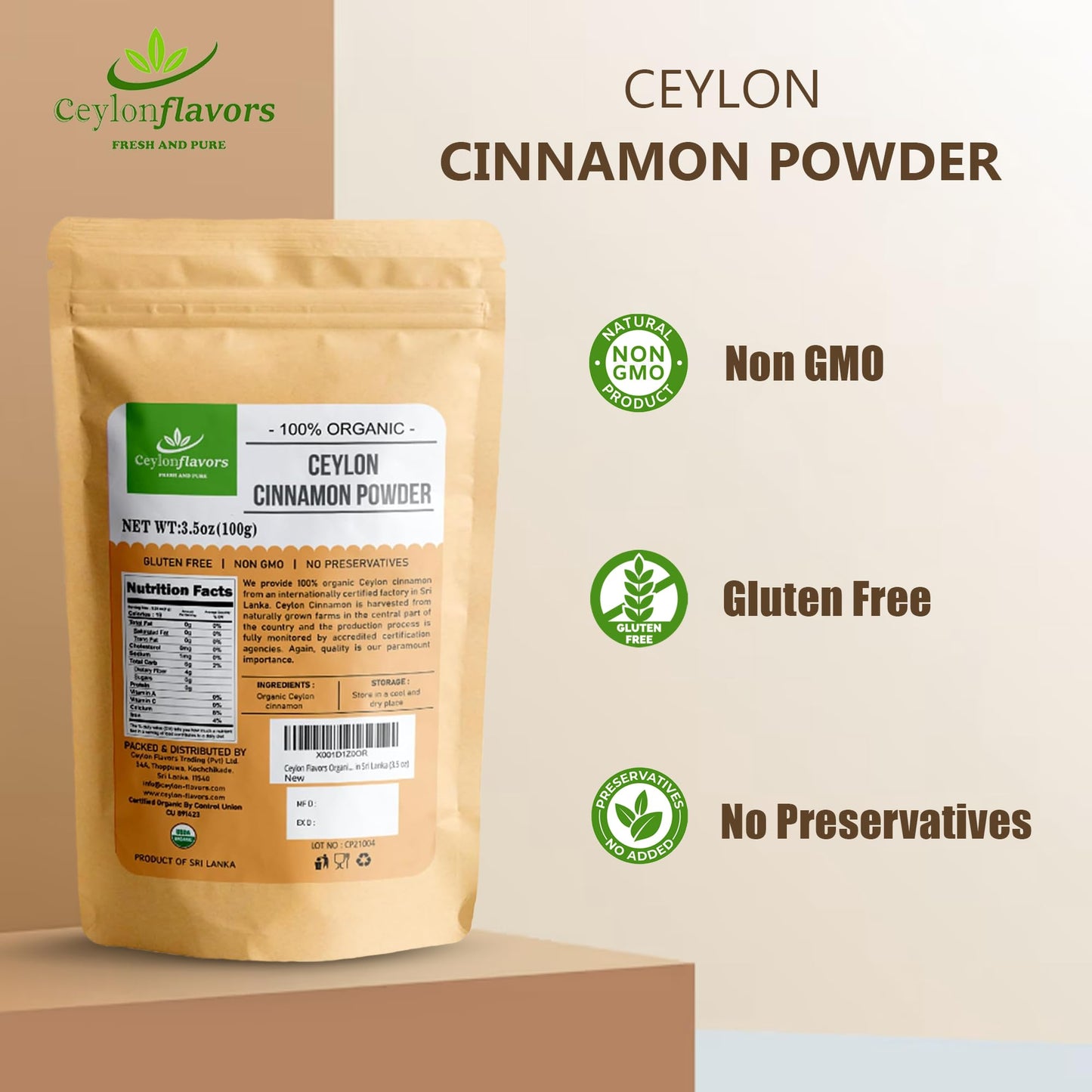 CEYLONFLAVORS FRESH AND PURE Organic Ceylon Cinnamon Powder, 3.5 oz