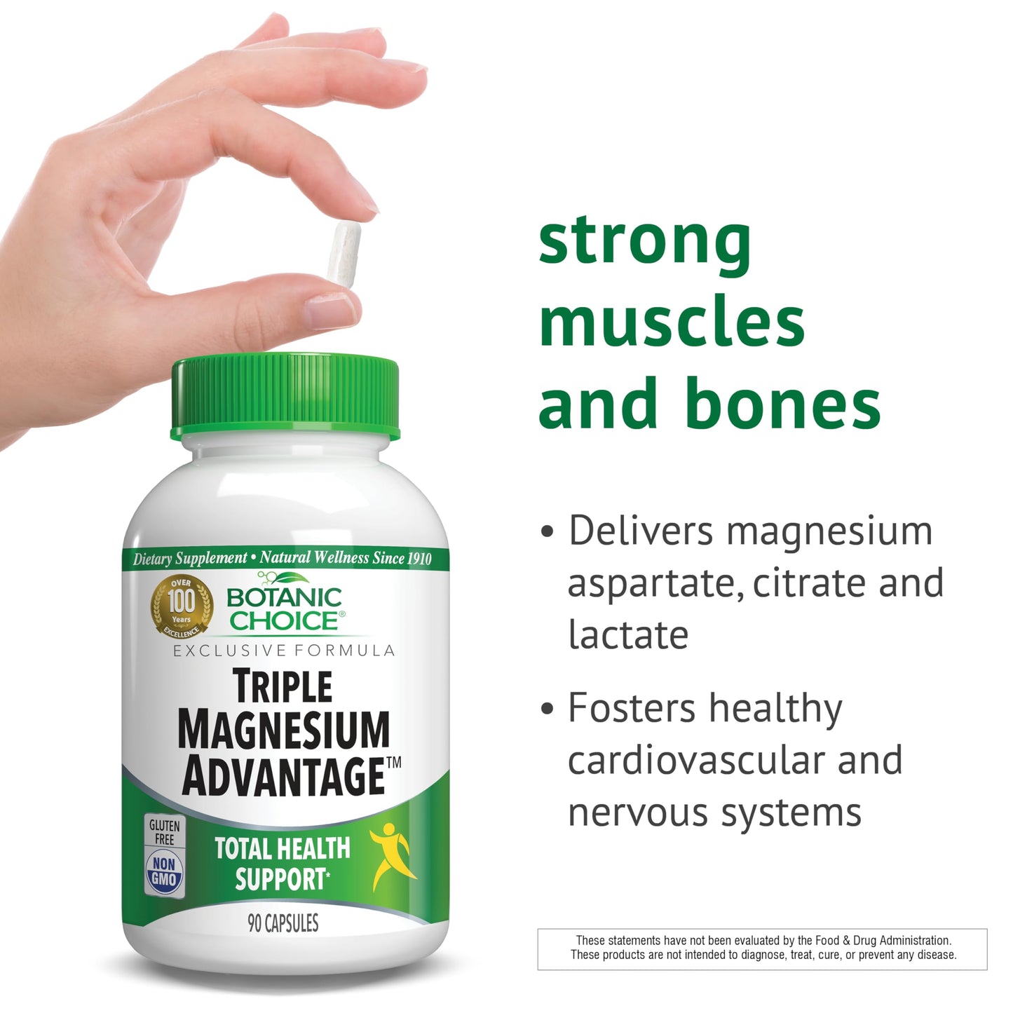 Botanic Choice Triple Magnesium Advantage Magnesium Aspartate Citrate & Lactate Complex Supplement for Nerve, Digestive, Muscular & Heart Health for Men & Women, 90 Capsules