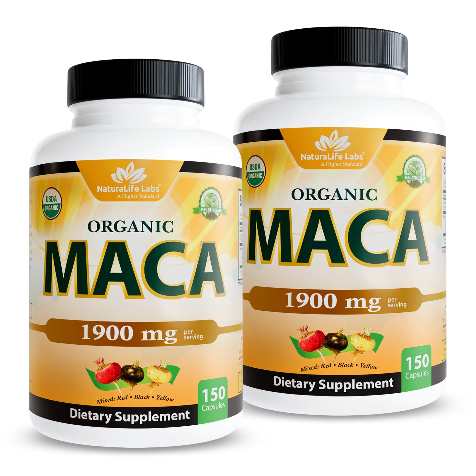 NaturaLife Labs Organic Maca Root – Black, Red & Yellow – 1900 mg per Serving – Gelatinized Peruvian Maca – Non-GMO, Gluten-Free, Vegan, Capsules, 300 Count