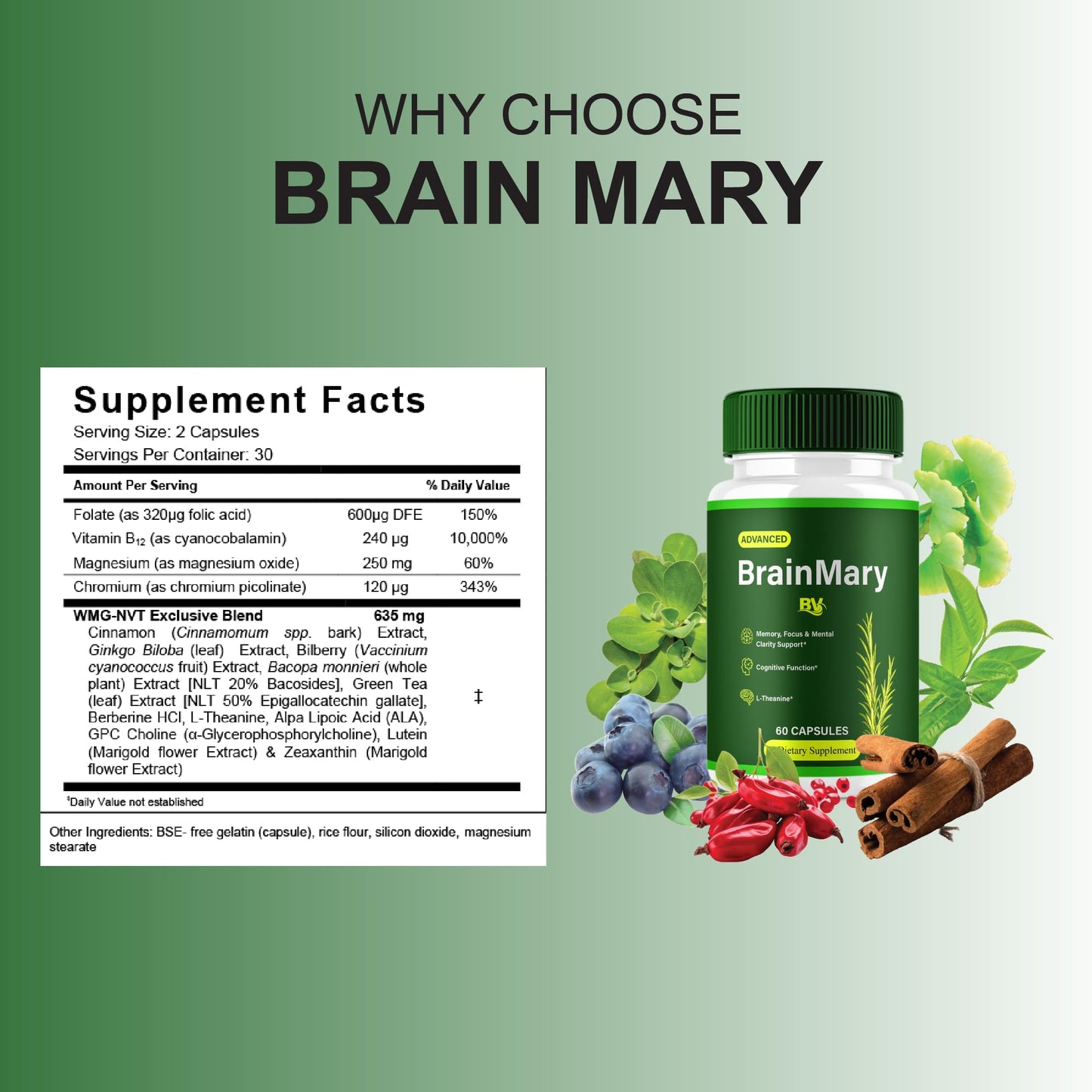 BLUE VIBE Brain Mary Advanced Memory Support 120 Capsules