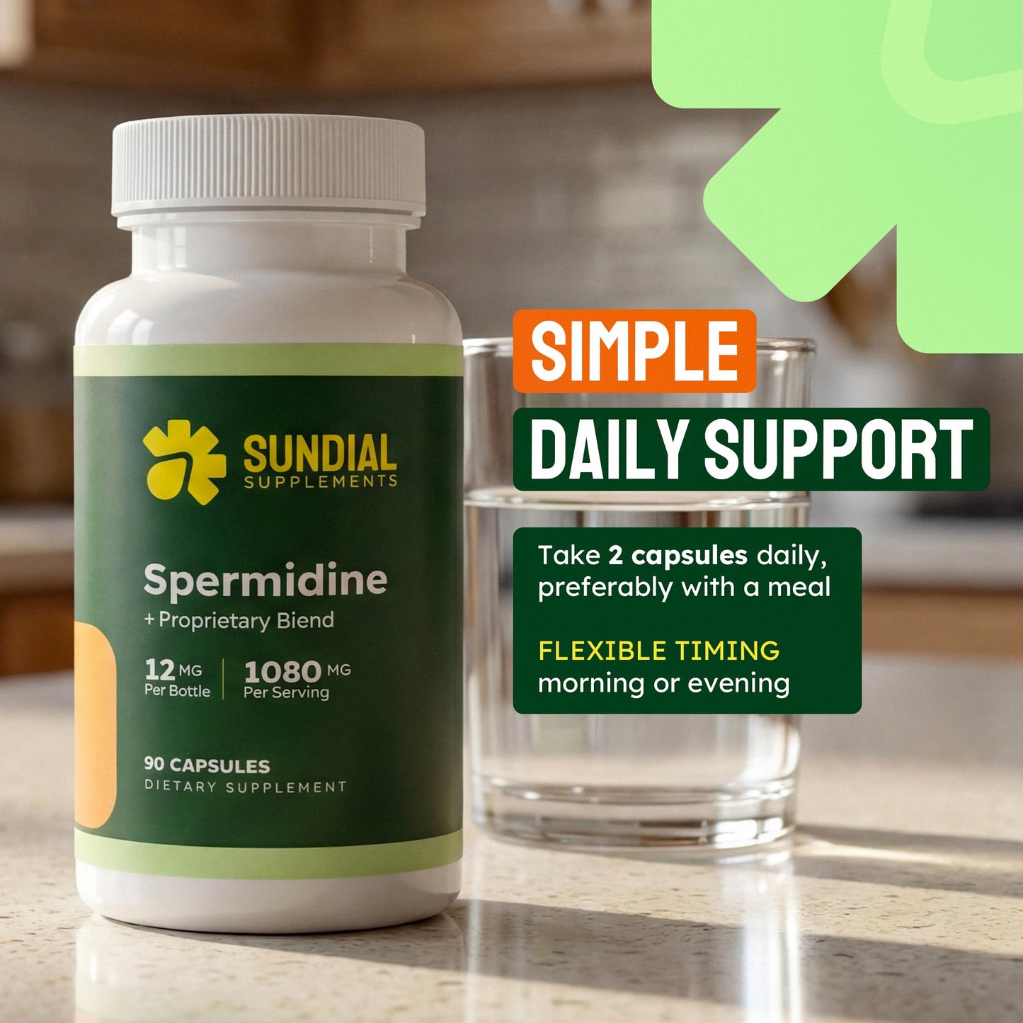 Sundial Supplements Spermidine 12 mg with Proprietary Blend, NR, NMN, PQQ, Magnesium Bisglycinate, Black Pepper, Adult Daily Supplement Capsule, 90 Capsules
