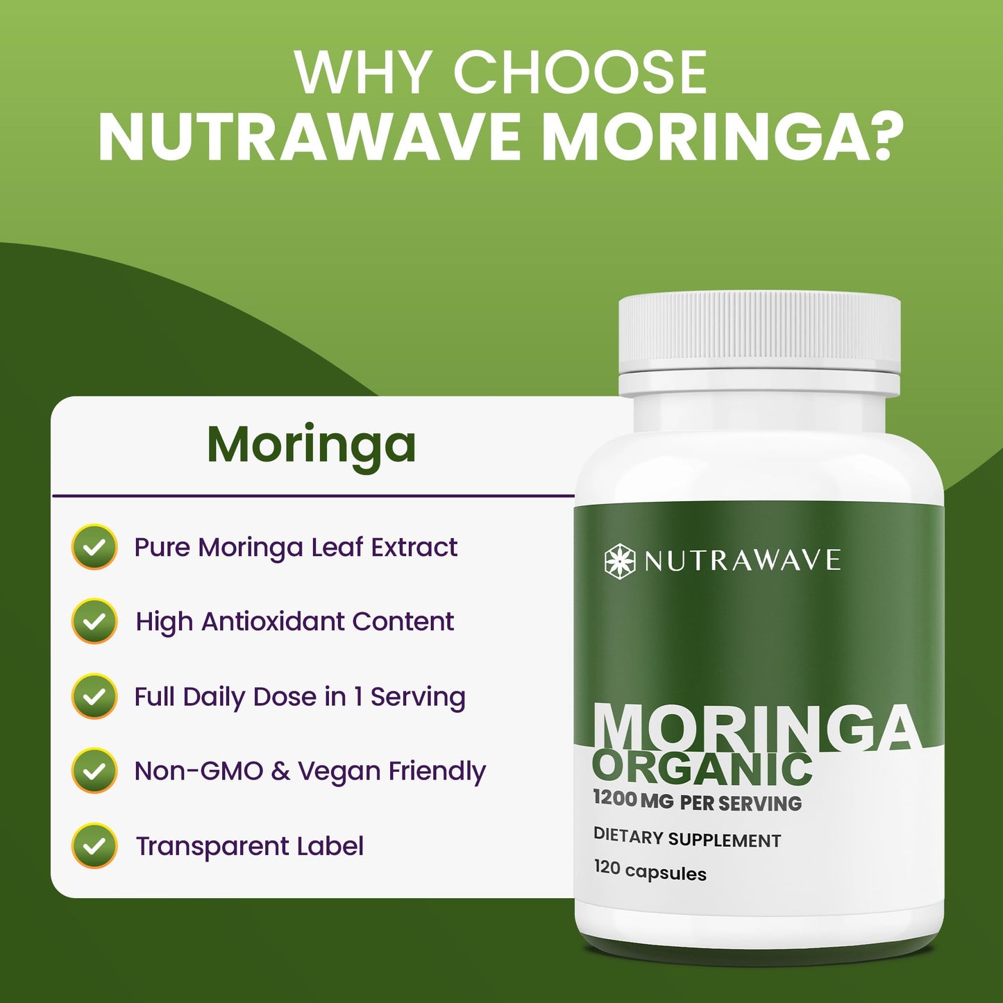 Nutra Wave Organic Moringa Capsules 1200mg – Pure Moringa Oleifera Leaf Supplement Energy, Immune & Lactation Support – Antioxidants & Amino Acids for Women & Men, Non-GMO, Vegan, 120 Capsules