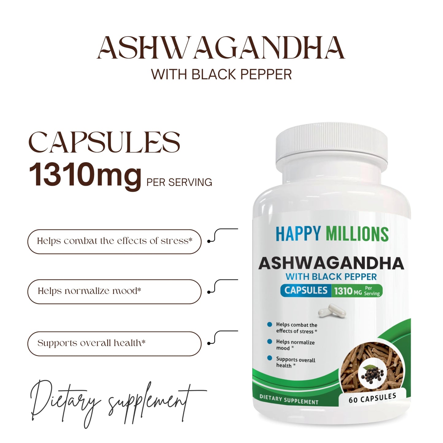 HAPPY MILLIONS Ashwagandha with Black Pepper Capsules 60