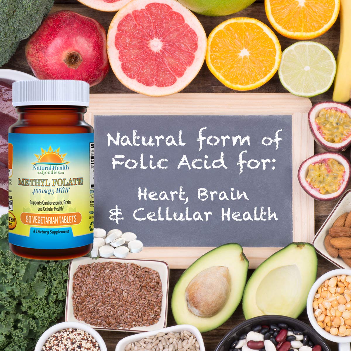 Natural Health Goodies Folate 400 mcg 5-MTHF (667 mcg DFE) Methylfolate Tablets 90 Count