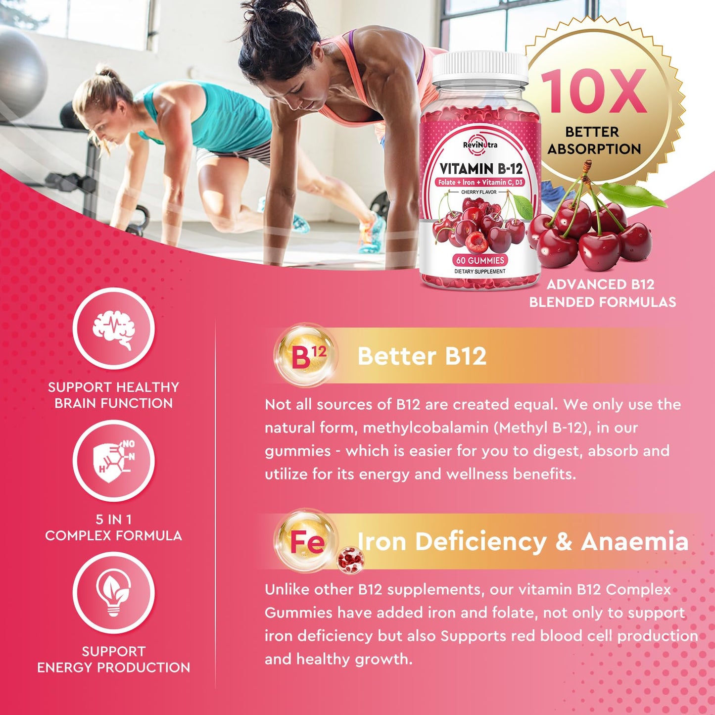 ReviNutra Vitamin B12 Gummies - 5000 mcg Methylcobalamin with Iron, Vitamin C, D3 & Folate, Energy Support and Metabolism, Immune Support, Chewable Supplement, 120 Count