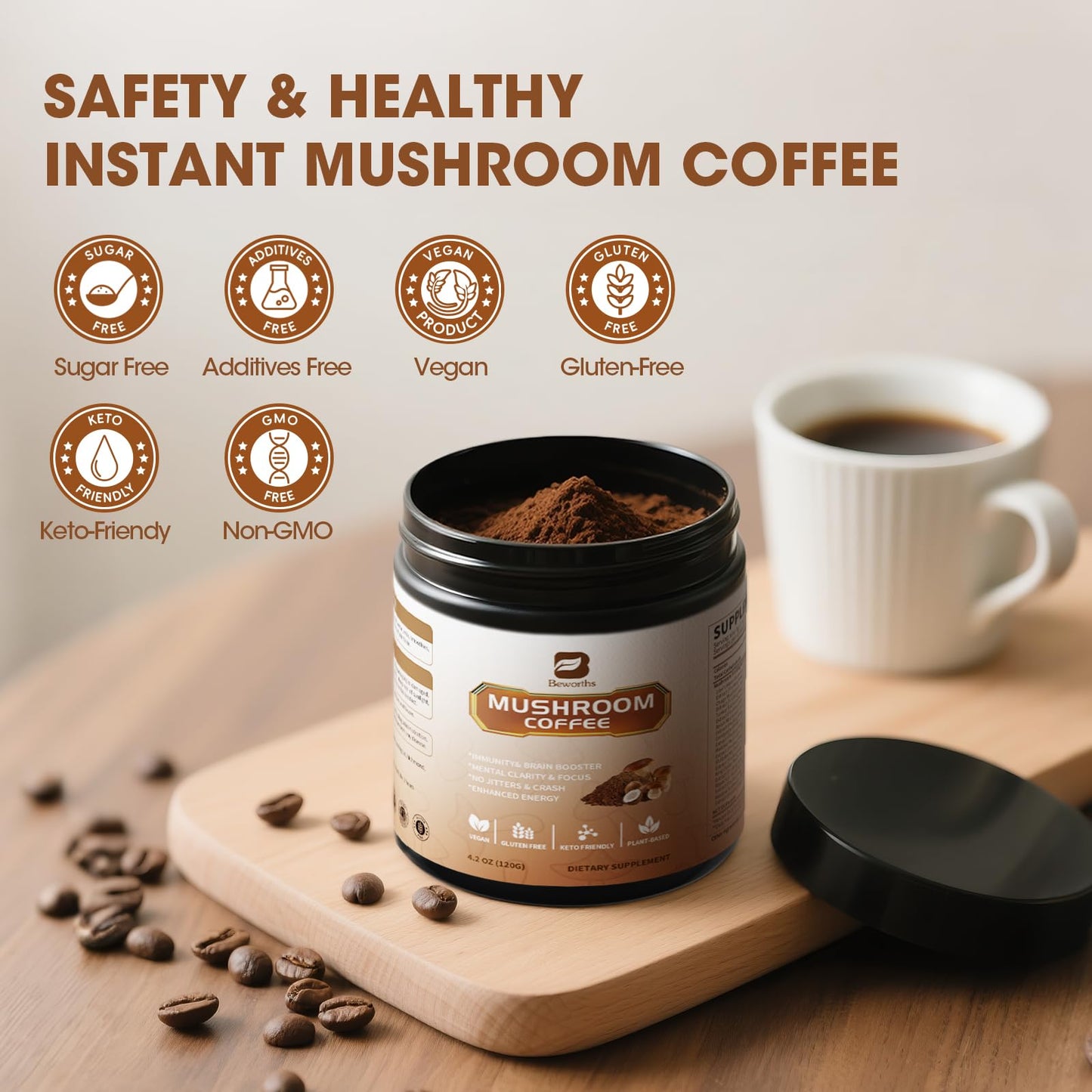 B BEWORTHS Mushroom Coffee with MCT Oil 10-Mushroom Blend (Lion's Mane, Turkey Tail, Reishi, Cordyceps & Chaga) Instant Arabica Coffee for Focus, Immune, Gut & Brain Health, Keto Powder 8.46 oz