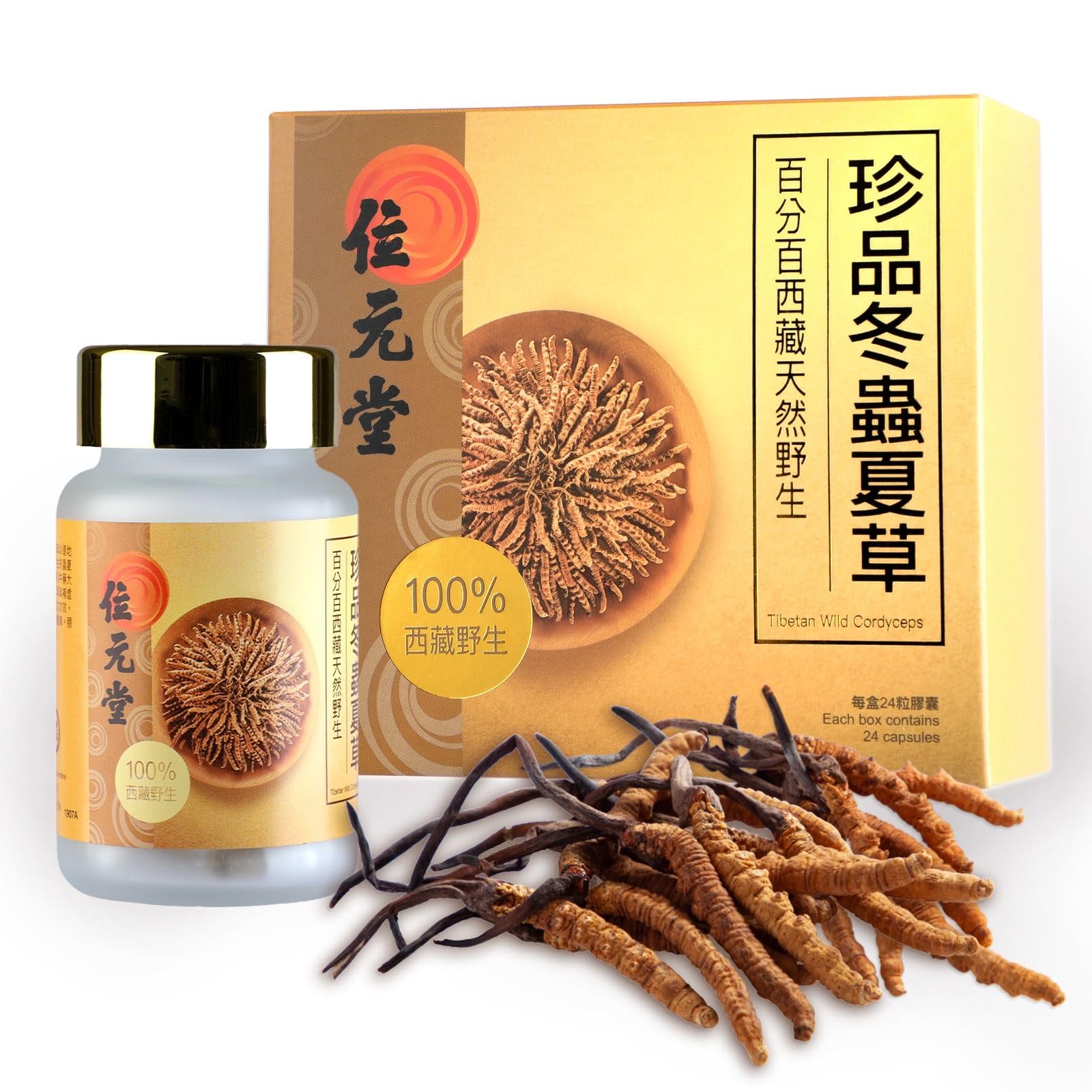 Wai Yuen Tong 100% Wild Tibetan Cordyceps Capsules, Ground from Raw Cordyceps, Energy, Lung & Immune Support, 24 Capsules