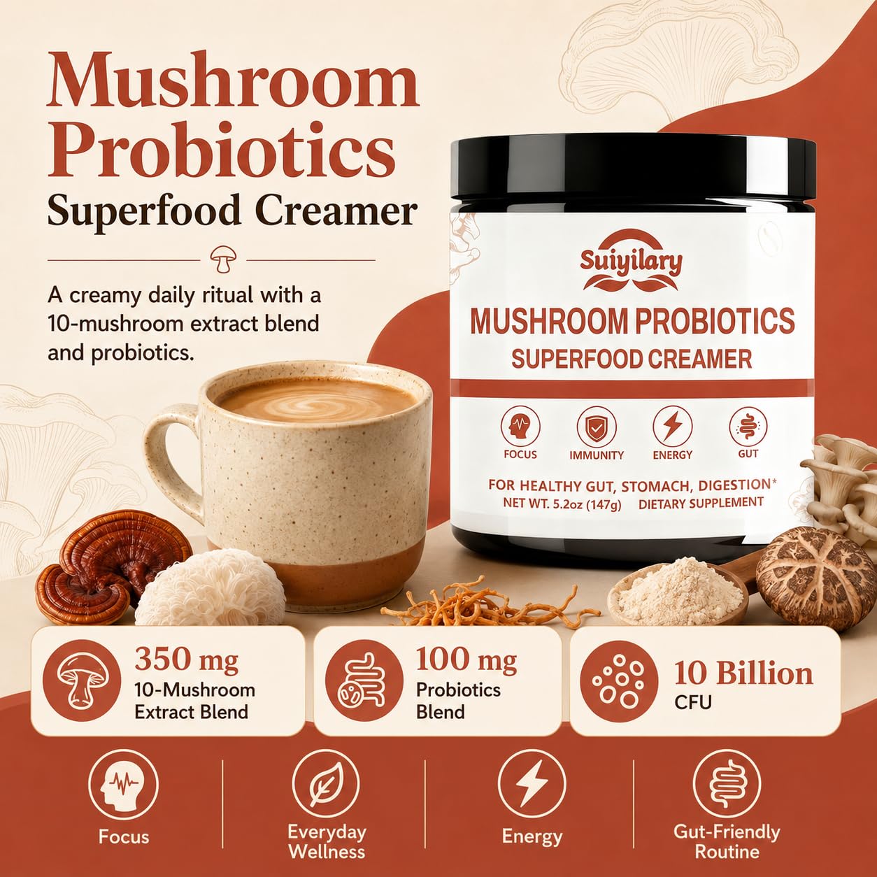 Suiyilary Mushroom Probiotic Coffee Creamer Powder 5.2 oz