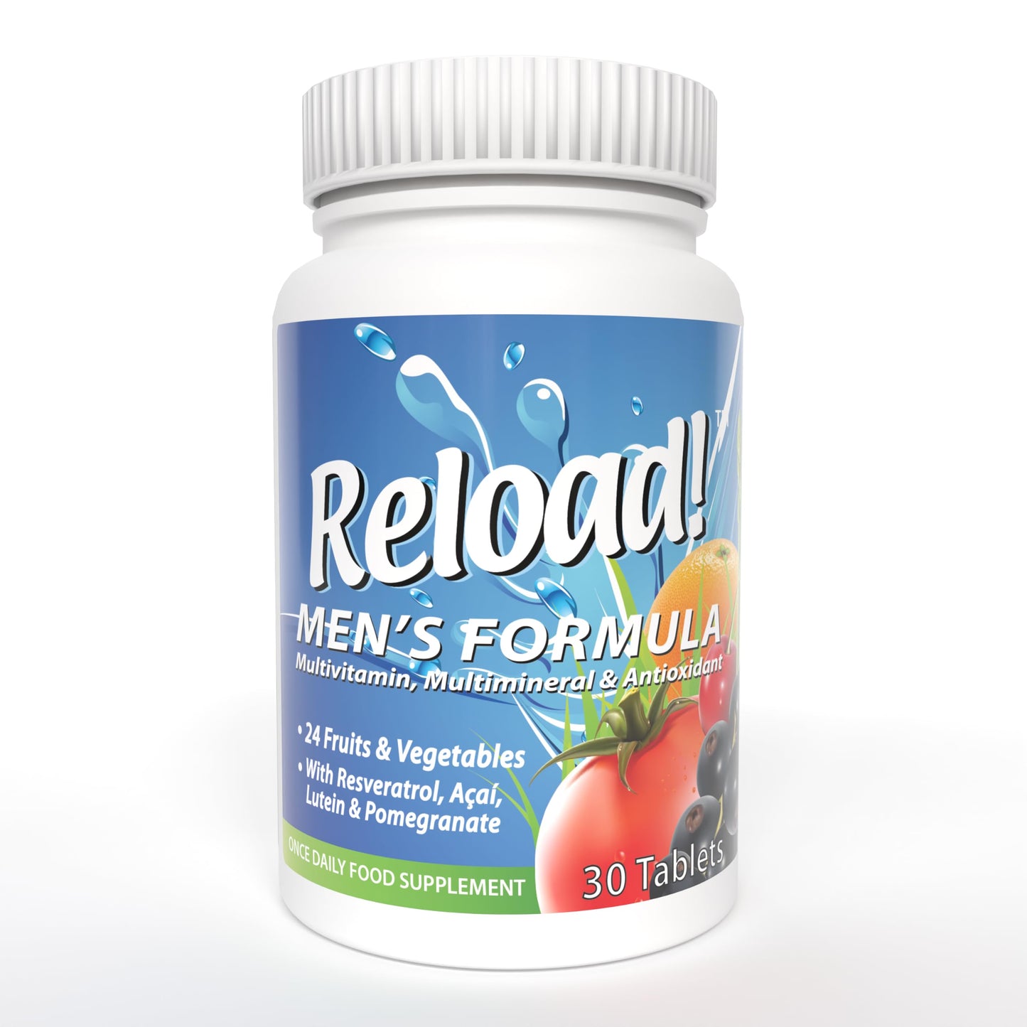Reload! Multivitamin Tablet for Men, All Natural Multimineral & Antioxidant with 24 Fruits & Vegetables, 30 Tablets