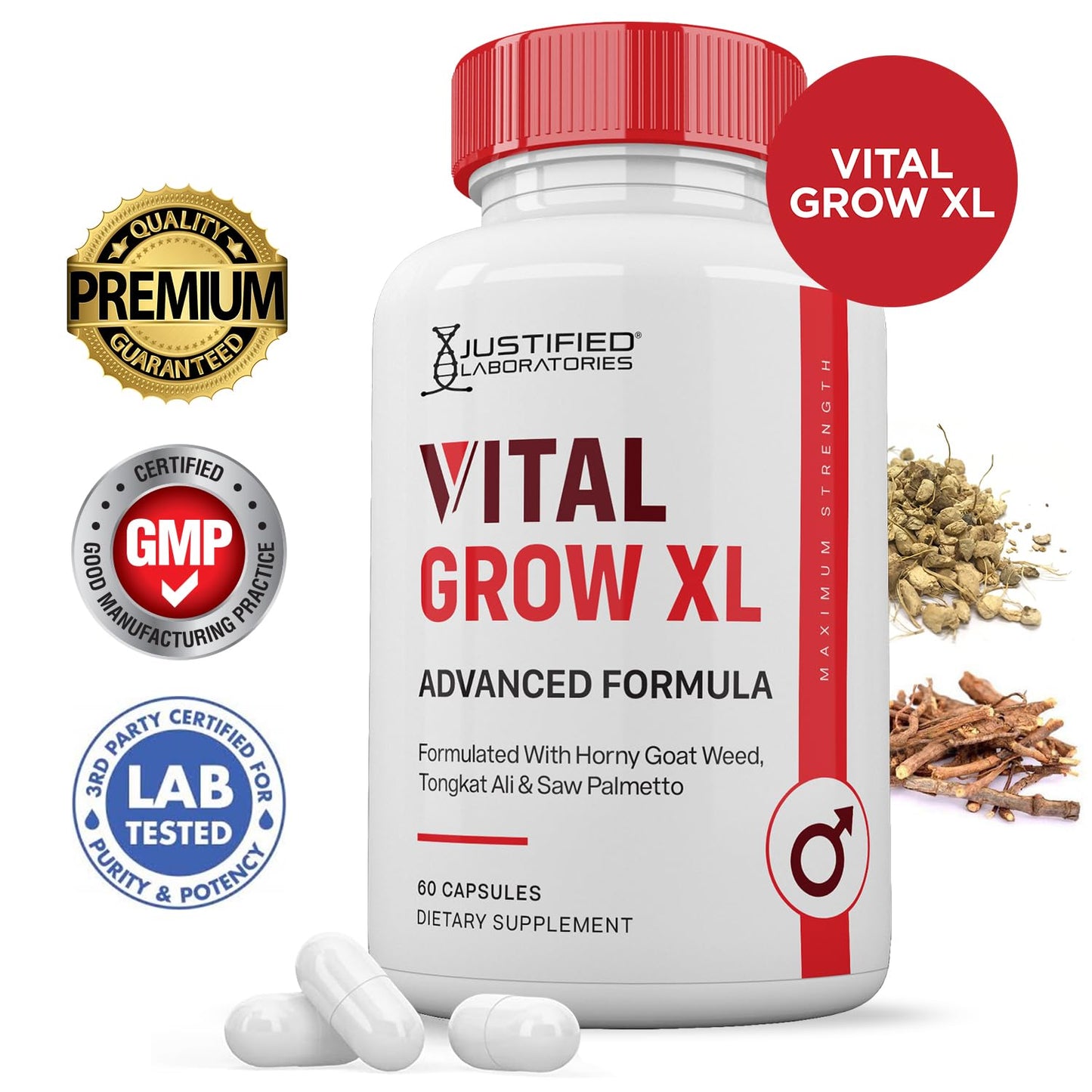 Justified Laboratories Vital Grow XL Capsules 1484MG Advanced Formula Proprietary Blend for Men, 120 Count