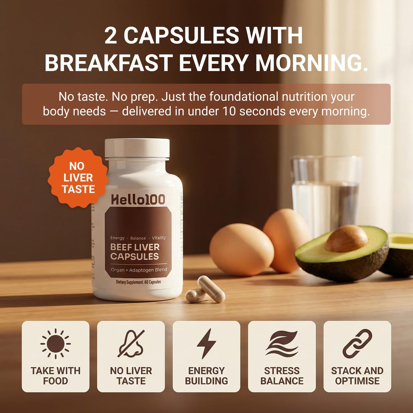 HELLO100 Grass Fed Beef Liver Extract 60 Capsules