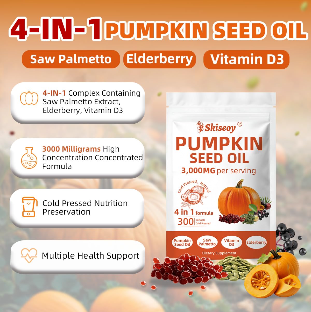 Skiseoy Pumpkin Seed Oil with Saw Palmetto Softgels, 300