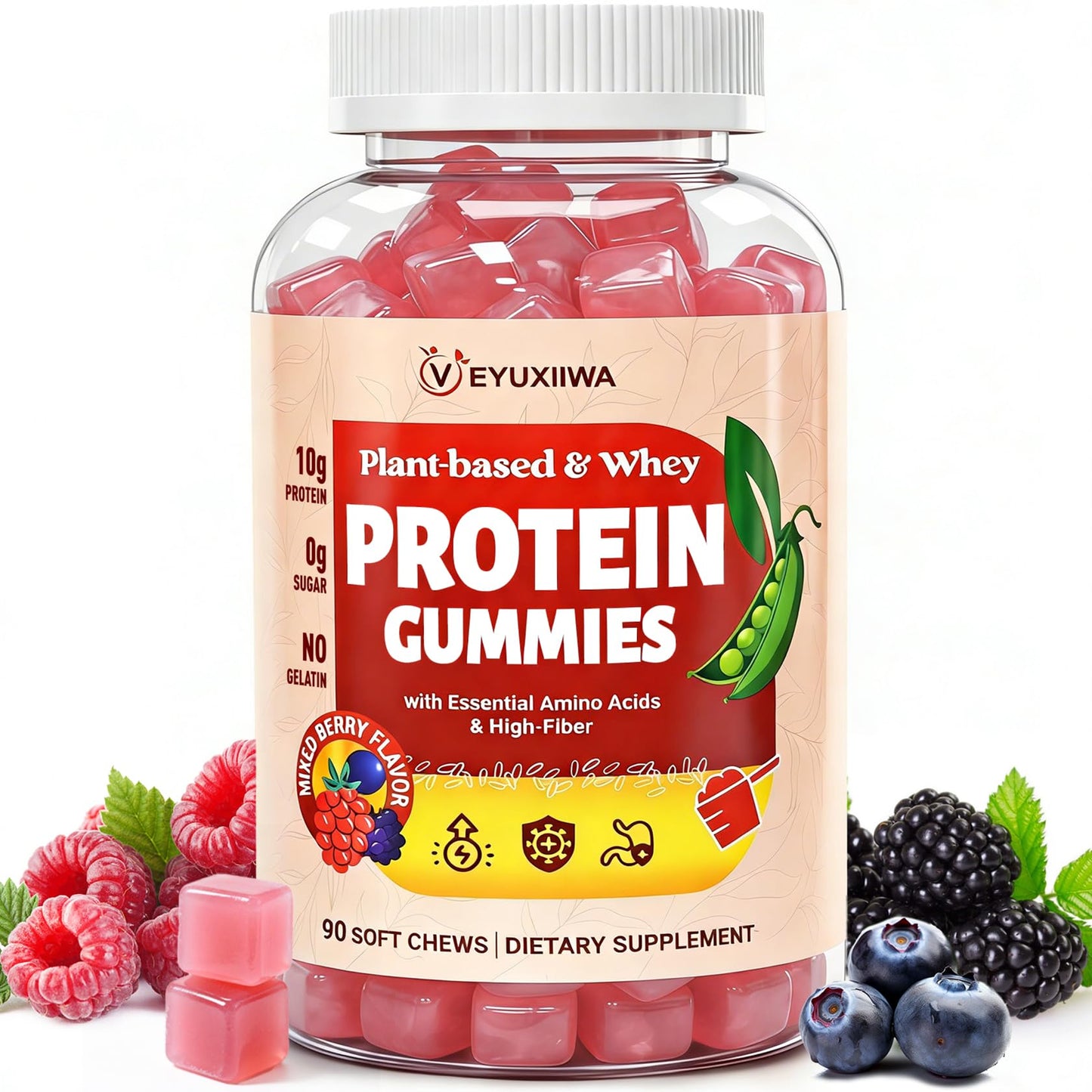 Veyuxiiwa Whey Protein Gummies, 90 Gummies, 21.13 oz (1.32 lb), Plant Based & Amino Acids