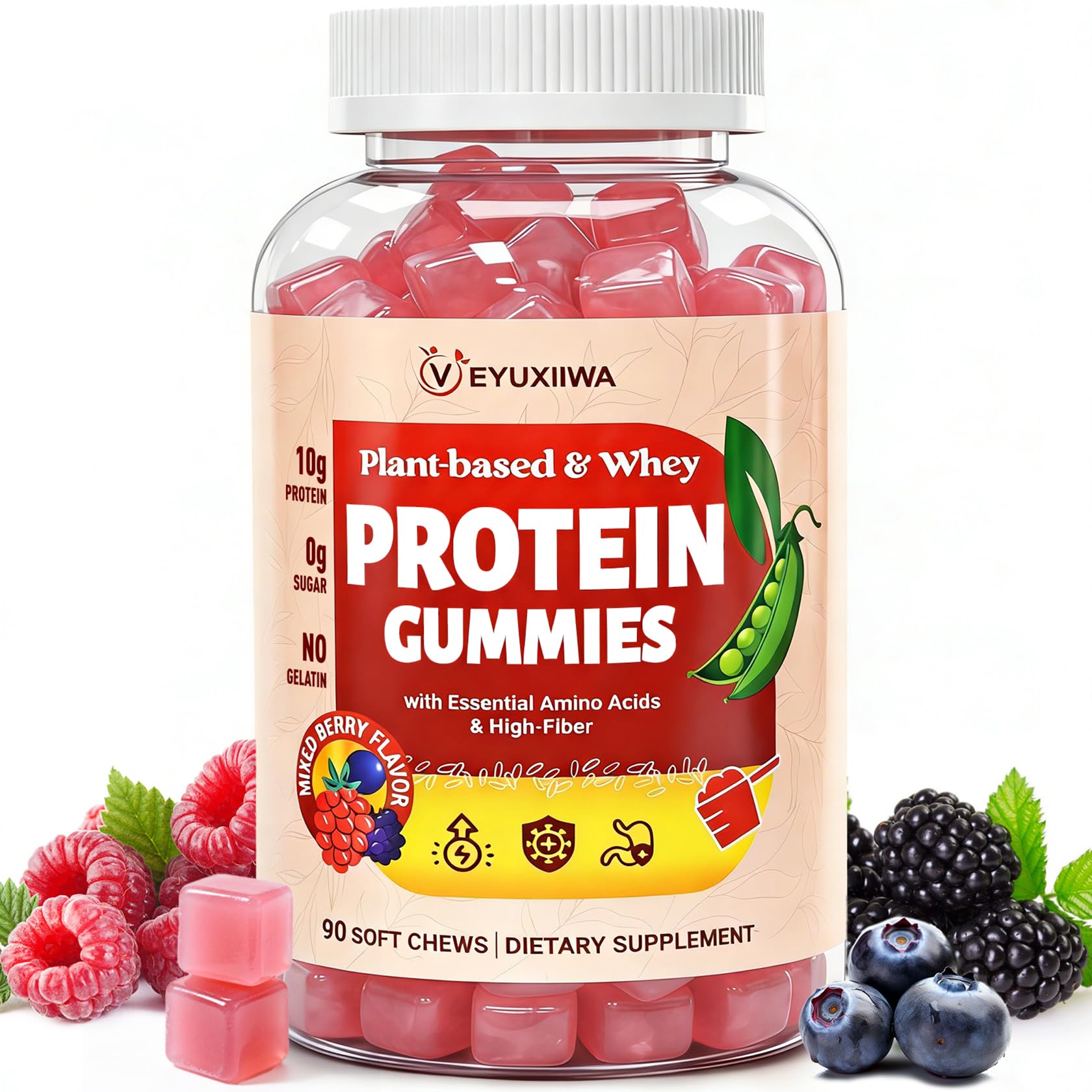 Veyuxiiwa Whey Protein Gummies, 90 Gummies, 21.13 oz (1.32 lb), Plant Based & Amino Acids
