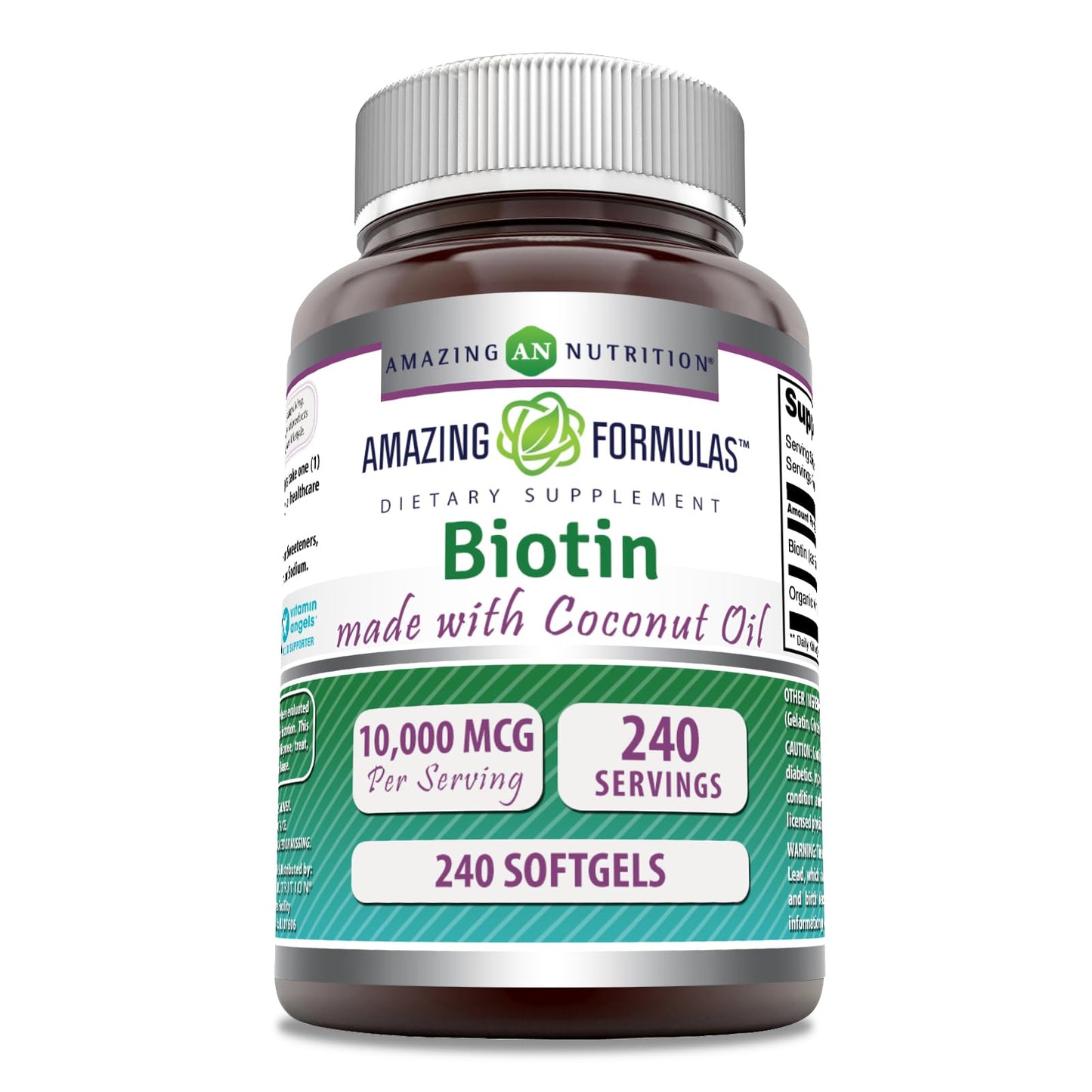 Amazing Nutrition Biotin with Extra Virgin Organic Coconut Oil Supplement Softgels 240 Count