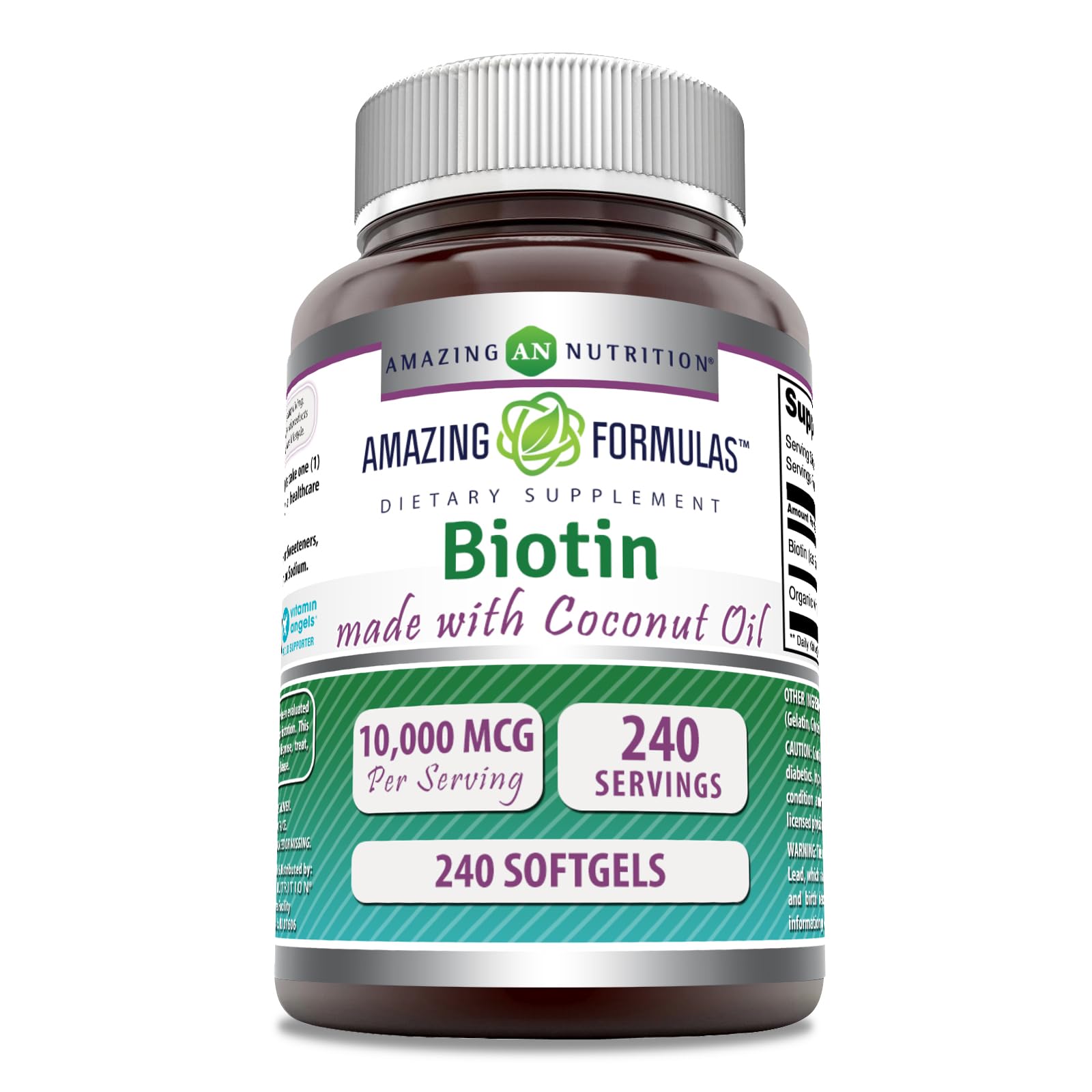 Amazing Nutrition Biotin with Extra Virgin Organic Coconut Oil Supplement Softgels 240 Count