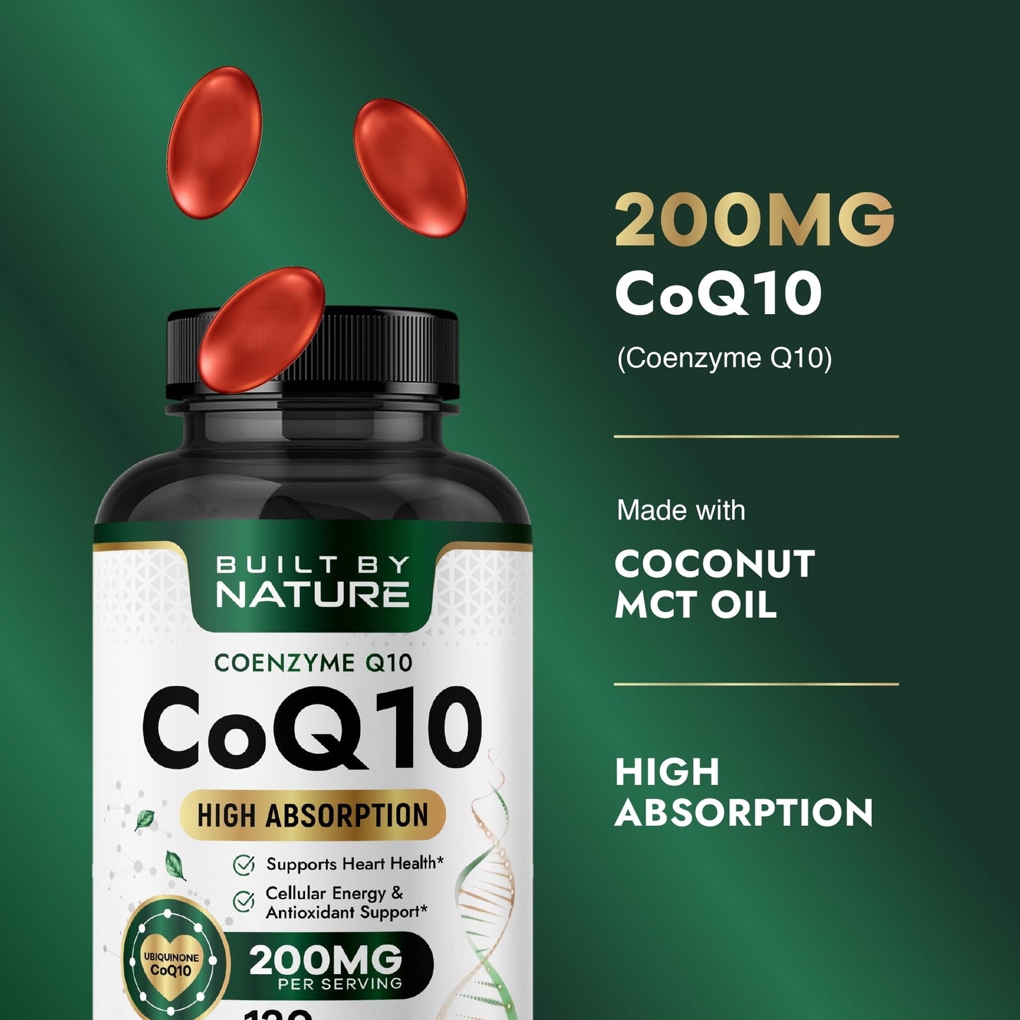 Built by Nature CoQ10 Supplement with Coconut MCT Oil Softgels 120 Count