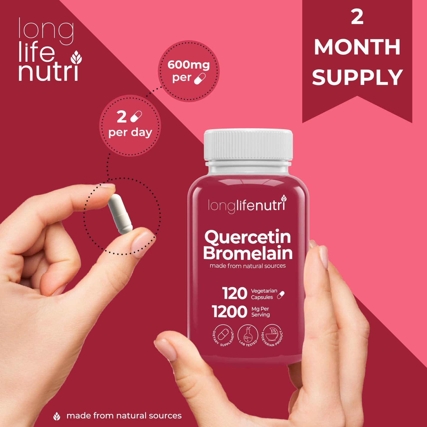 LongLifeNutri Quercetin 1000mg with Bromelain 200mg Capsules 120 Count