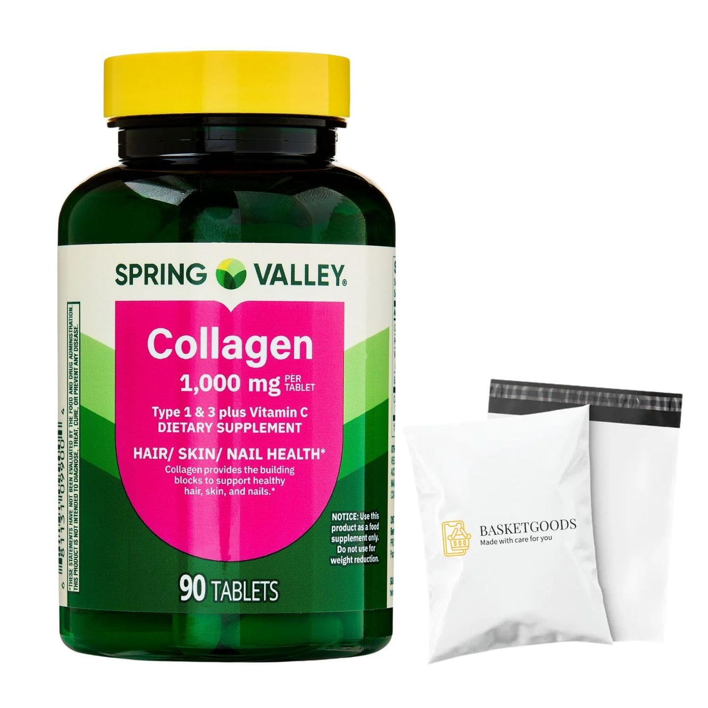 BasketGoods Collagen Type 1 & 3 Plus Vitamin C Hair Skin Nails Health Dietary Supplement Tablets, 1,000 mg, 90 Tablets