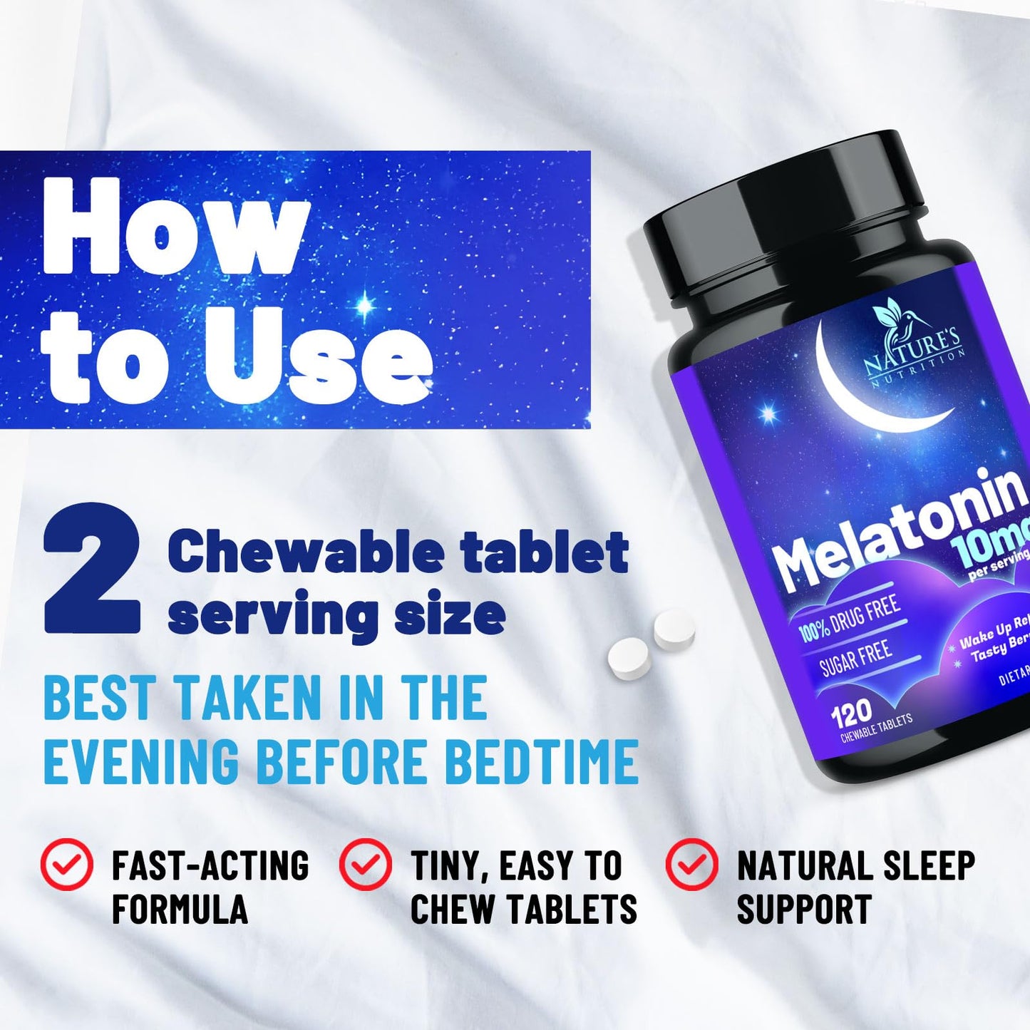 Nature's Nutrition Melatonin Sleep Supplement 10mg Maximum Strength Berry Flavored Tablet 120 Count