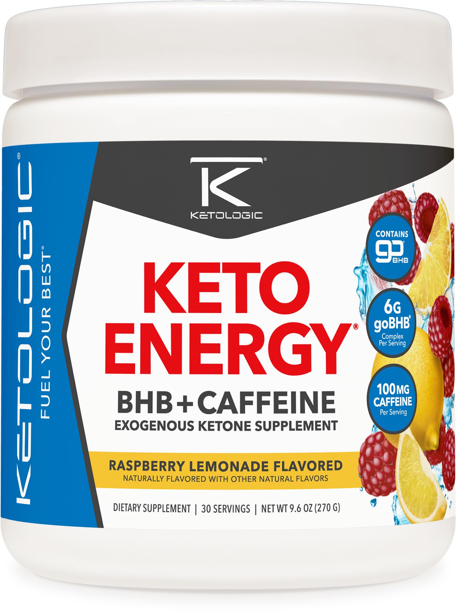 Ketologic KetoLogic BHB KetoEnergy Exogenous Ketones Powder with Caffeine Raspberry Lemonade 8.9 Ounce