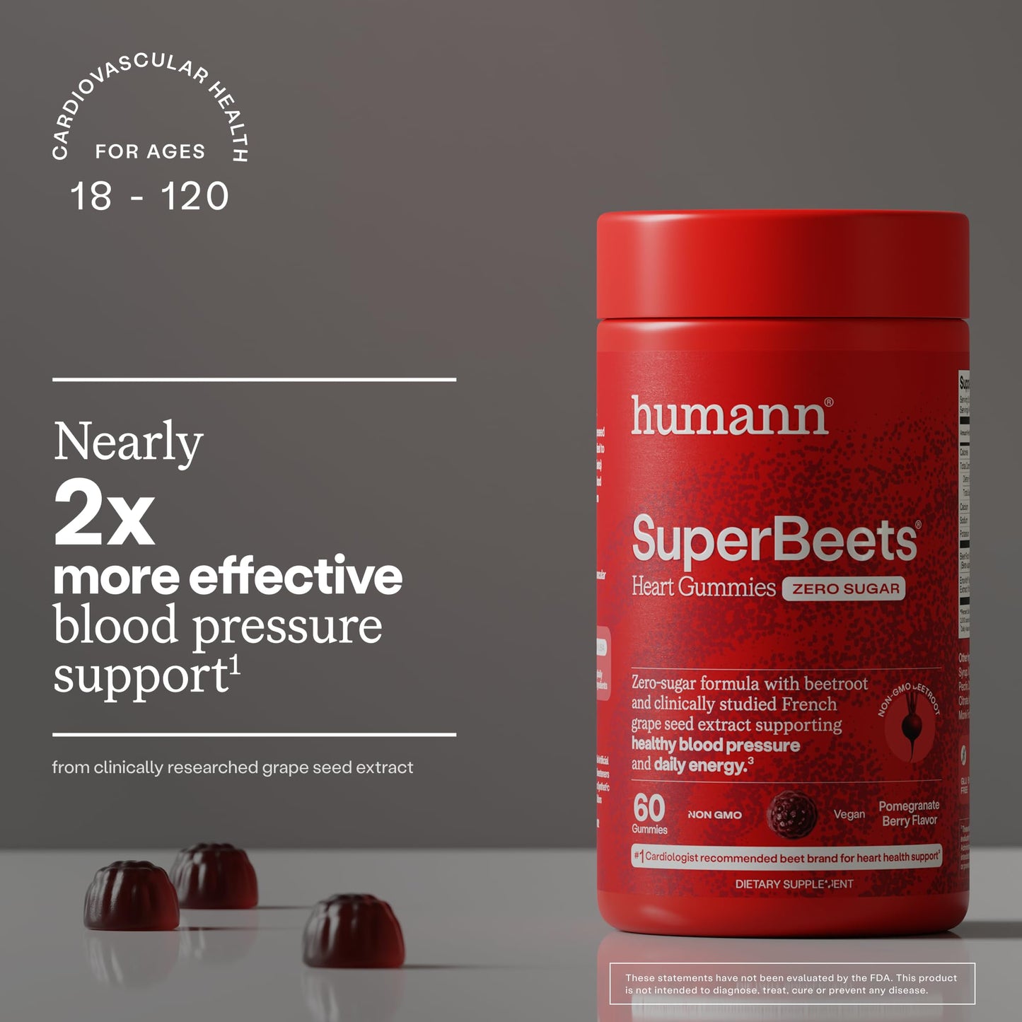 HumanN SuperBeets Heart Gummies Zero Sugar, Pomegranate Berry Flavor, 120 Gummies