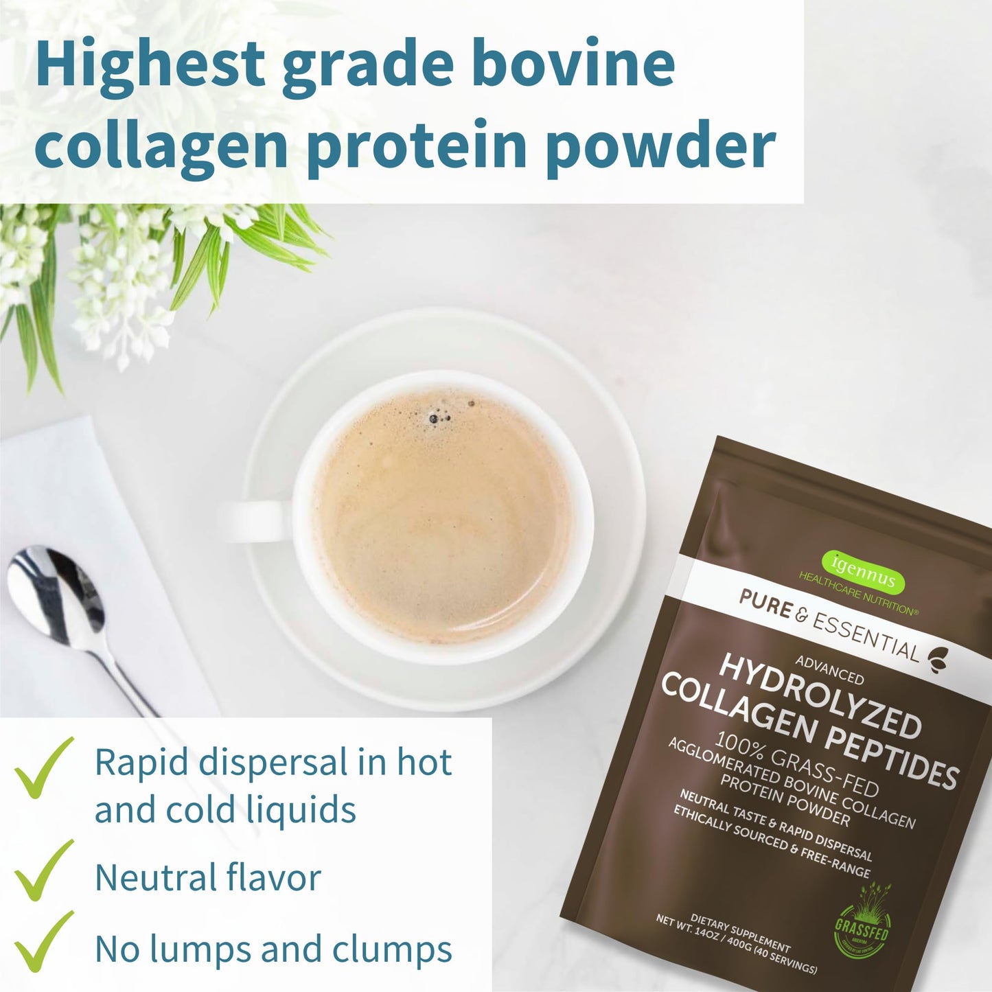 Igennus Healthcare Nutrition Free Range Grass Fed Hydrolyzed Bovine Collagen Peptides Powder, 14.1 oz