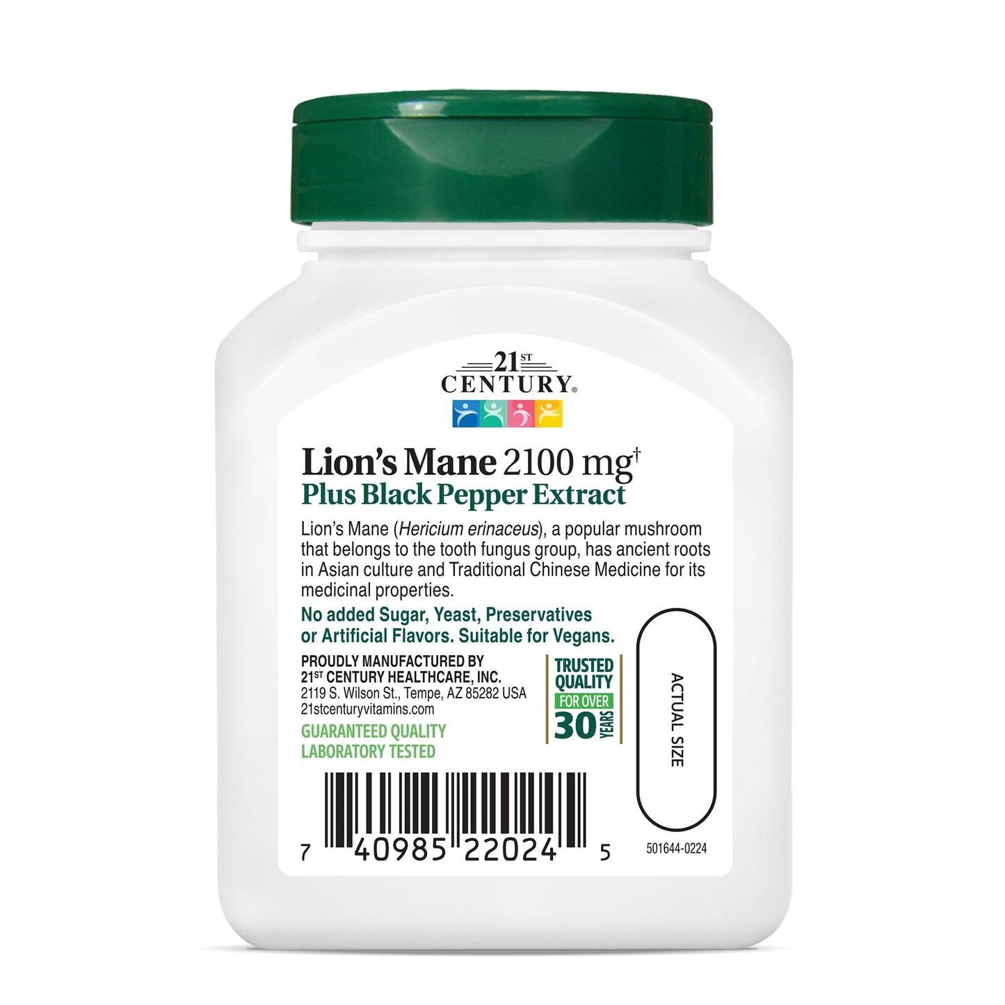 21st Century Lion's Mane 2,100 mg Plus Black Pepper Extract Capsules, 60 Count