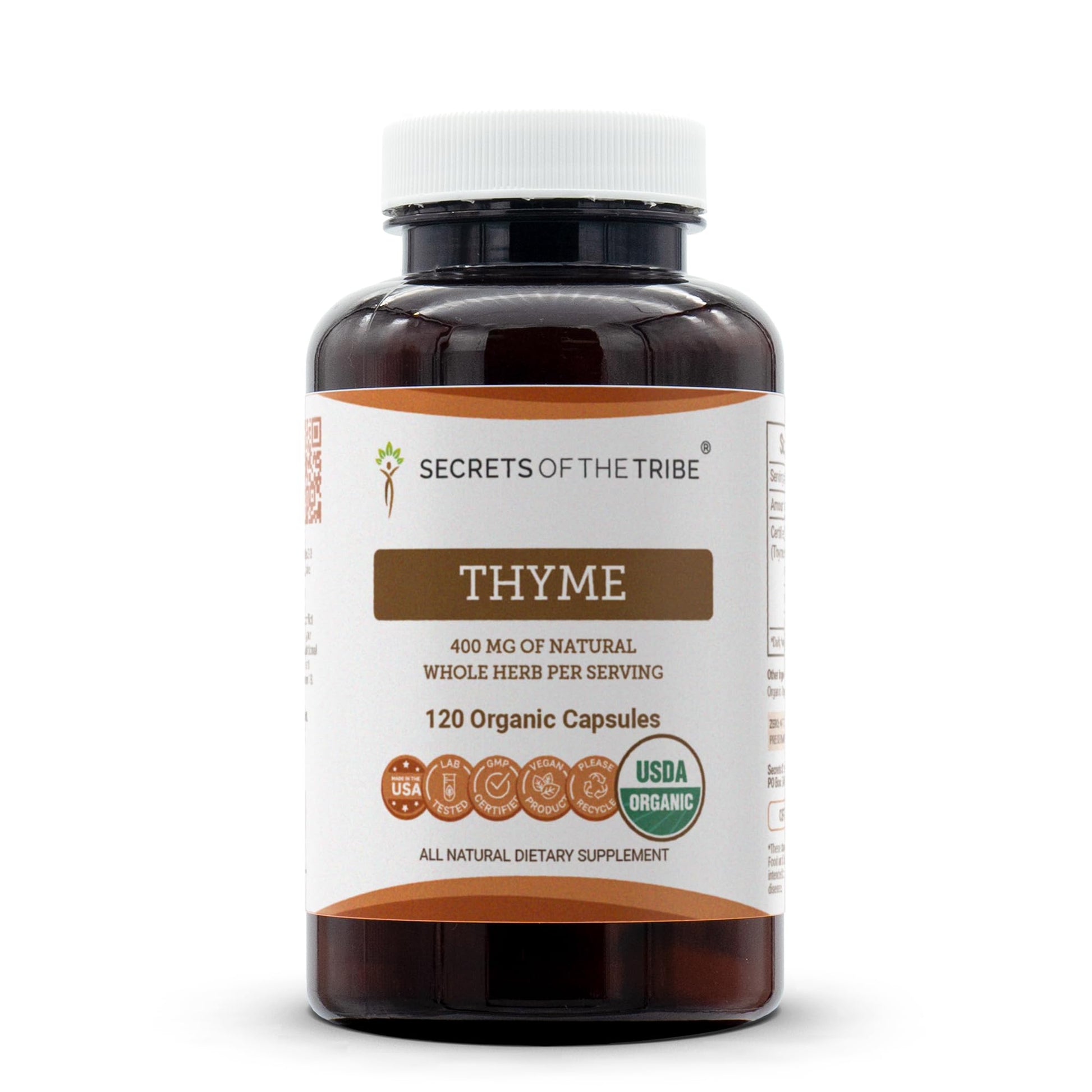 Secrets of the Tribe Thyme 400 mg Capsules, USDA Organic, 120 Count