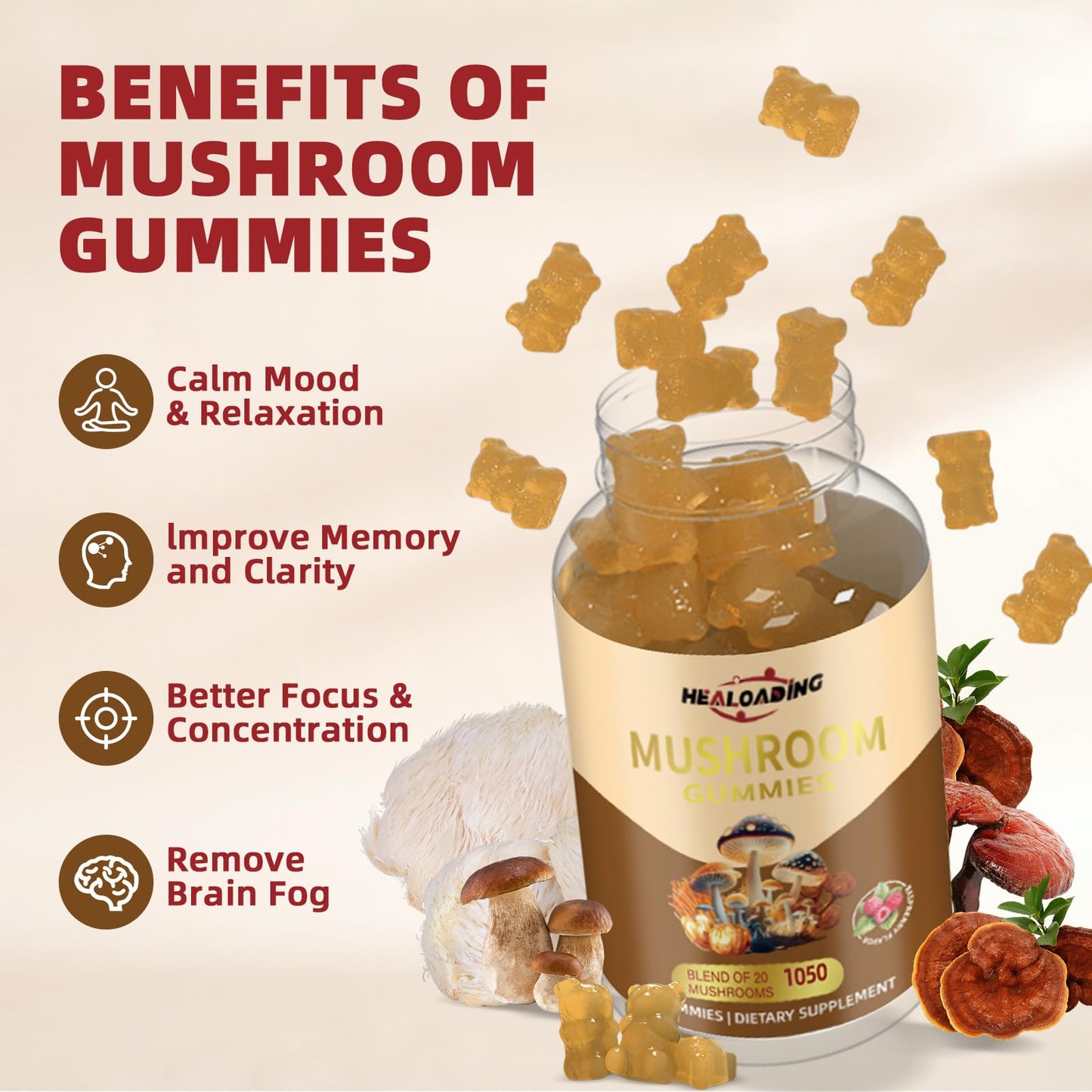 HEALOADING Mushroom Gummies with Lion's Mane & Cordyceps - Immune Support, Brain Health & Memory Enhancement - Vegan Mushroom Complex with Vitamin D3, B6, B9 & B12 - Focus, Energy & Cognitive Function Supplement, 60 Gummies