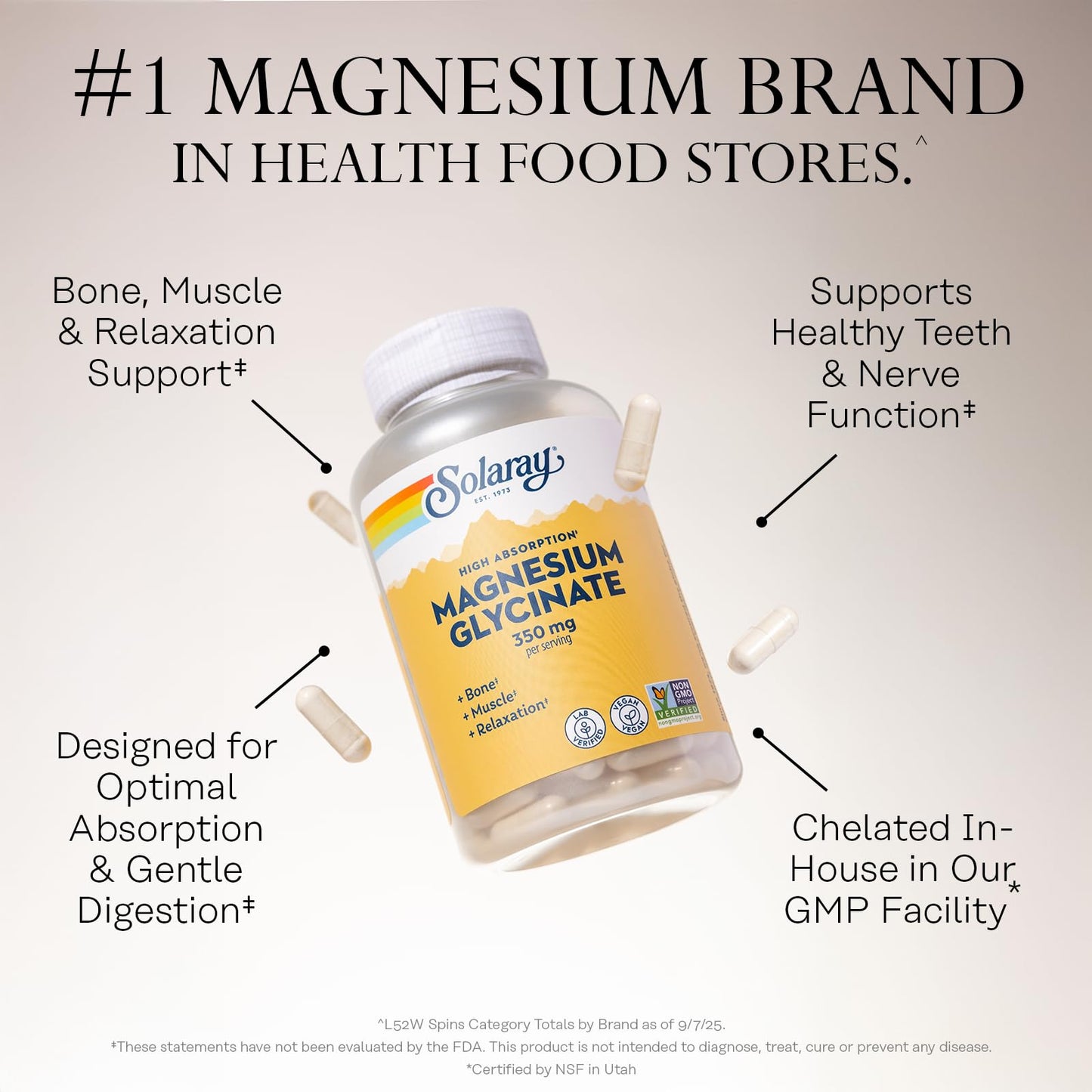SOLARAY Magnesium Glycinate Capsules, Chelated Magnesium Bisglycinate with BioPerine, Higher Absorption, 120 Capsules