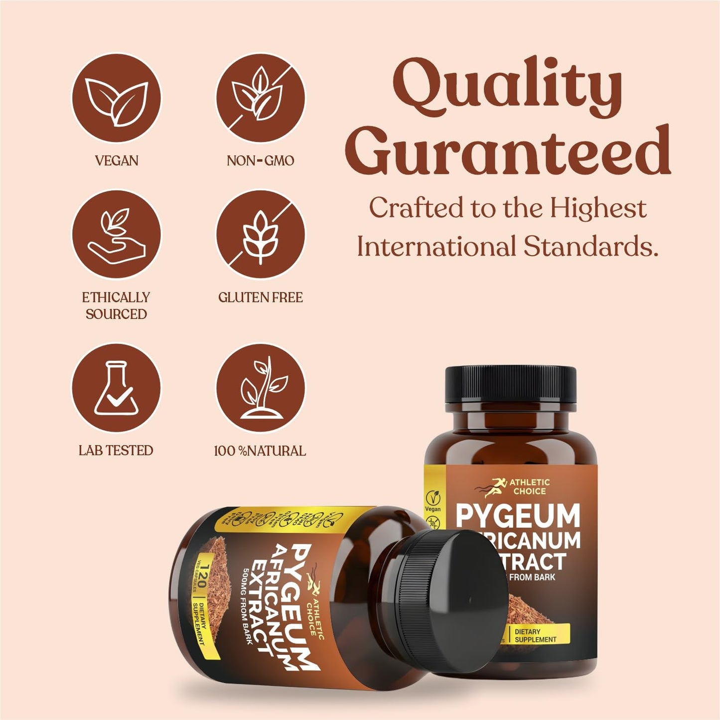 Athletic Choice Pygeum Africanum 500mg Bark Extract Capsules, 120 Count, Non-GMO & Gluten-Free Extra Strength Pygeum Supplement for Men and Women