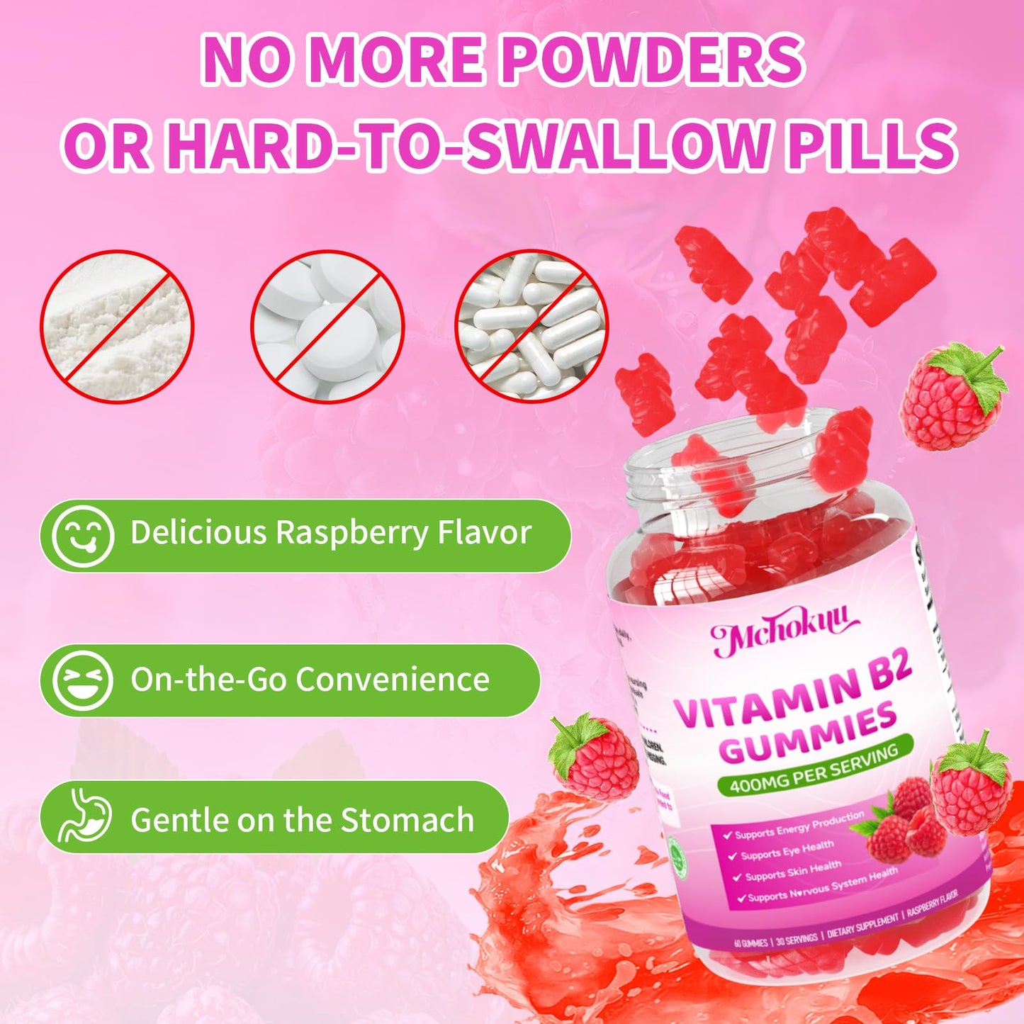 Mchokuu Vitamin B2 Gummies 400mg – Riboflavin Supplement with Magnesium for Kids & Adults, Raspberry Flavor, Sugar Free, Vegan, Non-GMO, 120 Gummies
