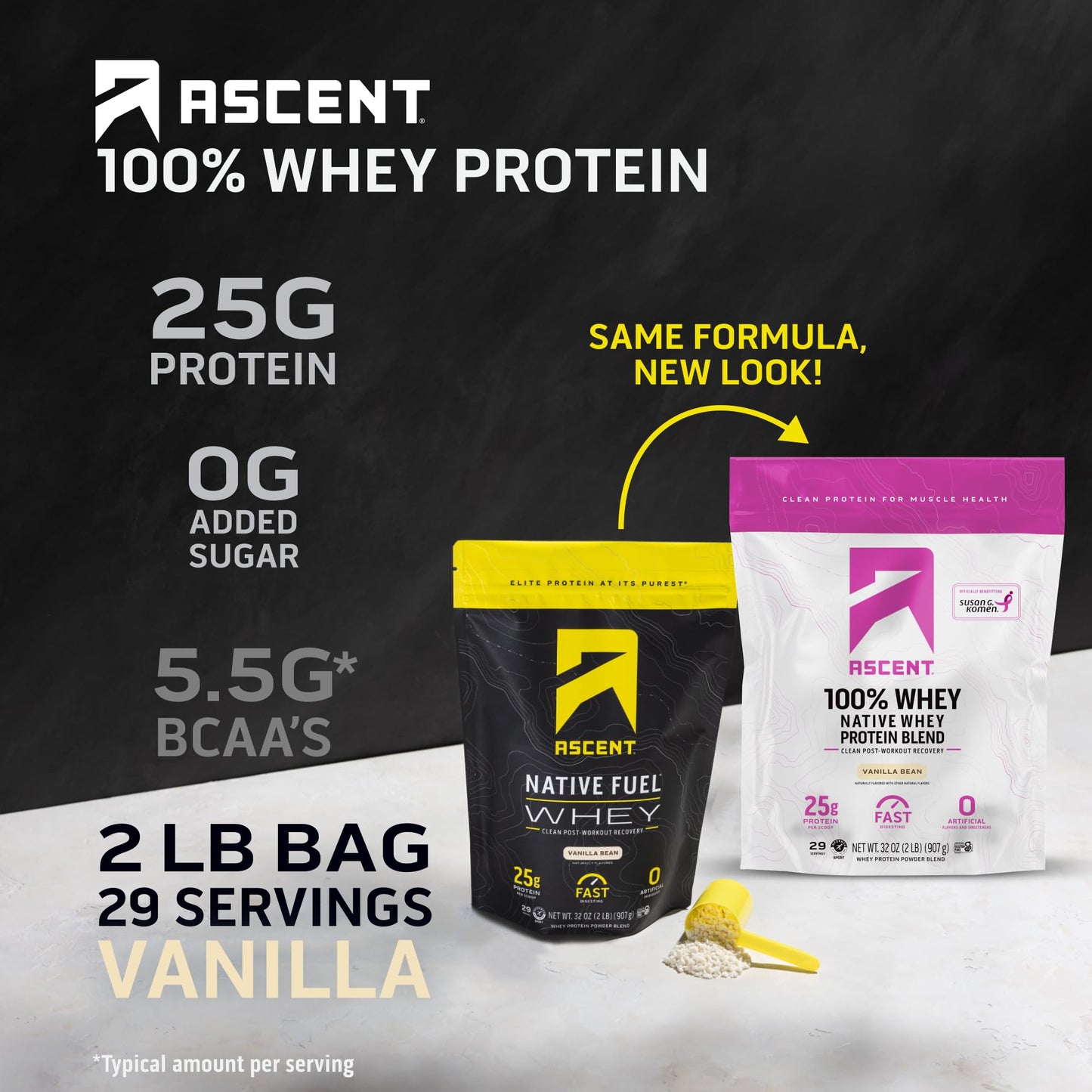Ascent 100% Whey Protein Powder Vanilla Bean, 40.32 Servings