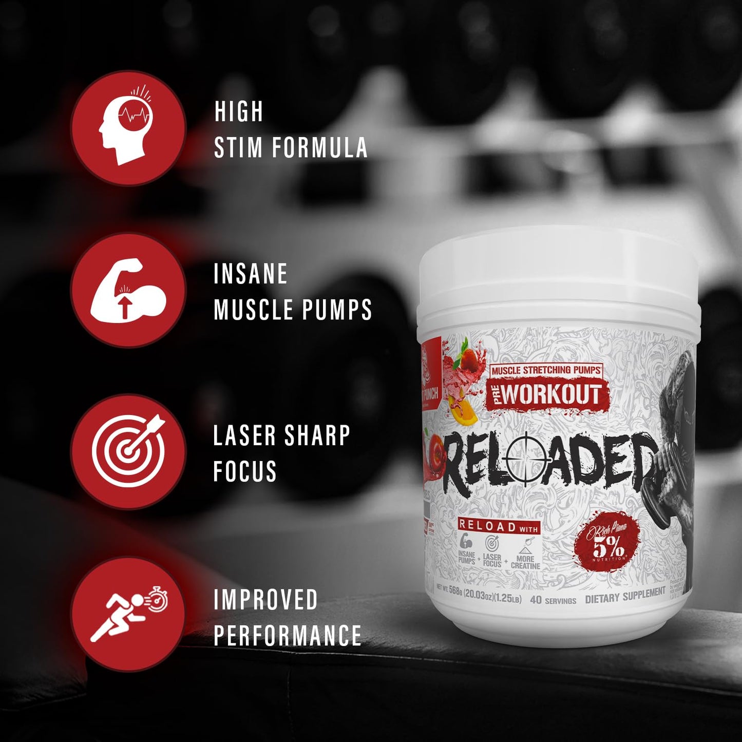 5% Nutrition Rich Piana Reloaded High Stim Pre-Workout Powder, 18 Servings