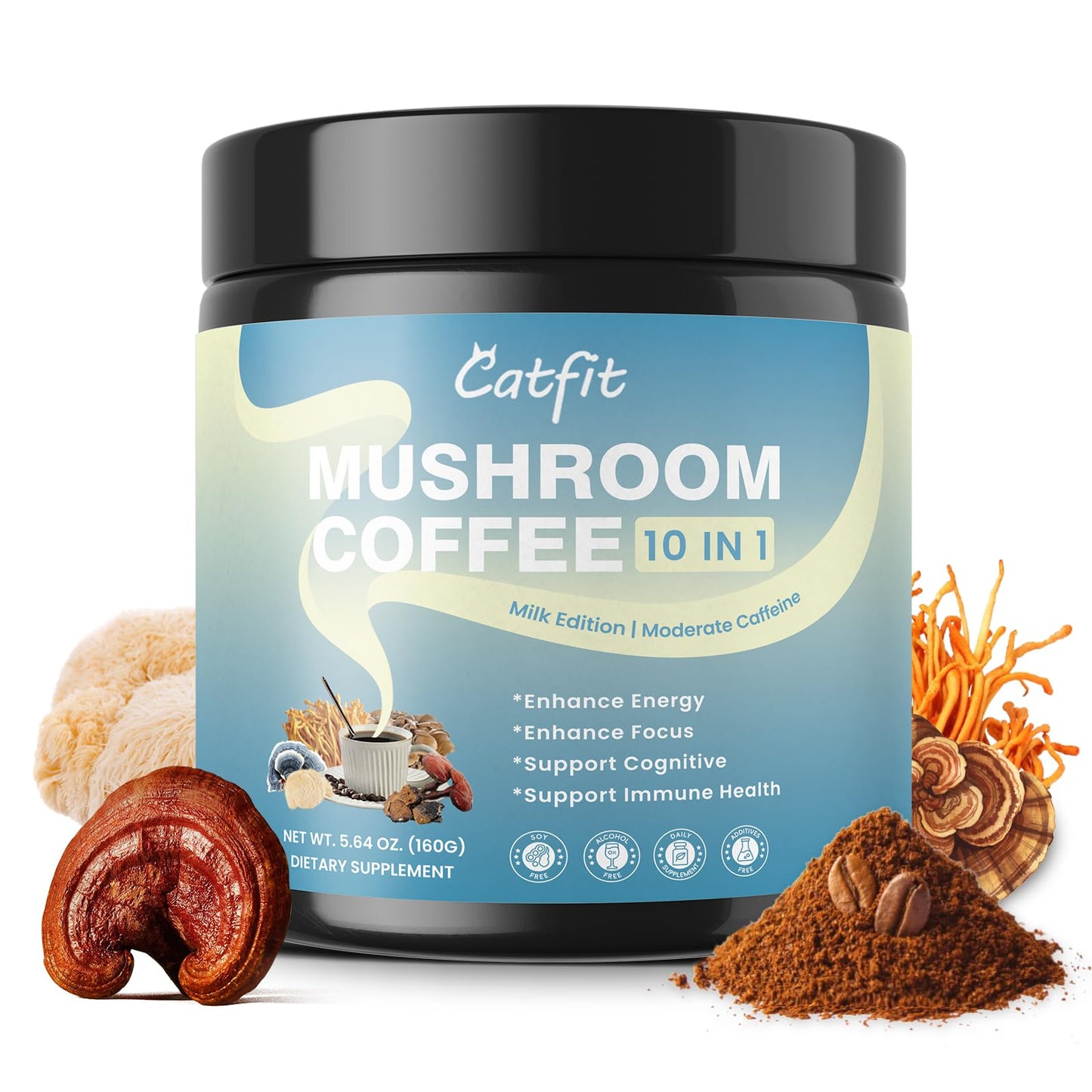 Catfit Instant Mushroom Coffee Powder, 10-in-1 Adaptogen Blend with Lion's Mane, Chaga & Cordyceps for Energy, Focus, Gut Health & Immune Support, 5.5 Ounce, 52 Servings