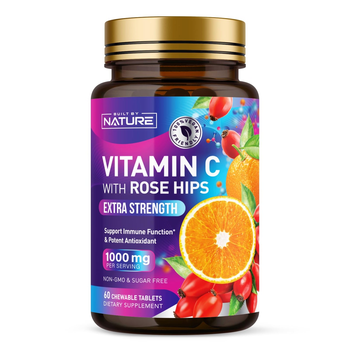 Built by Nature Vitamin C with Rose Hips 1000mg Chewable, 60 Tablets