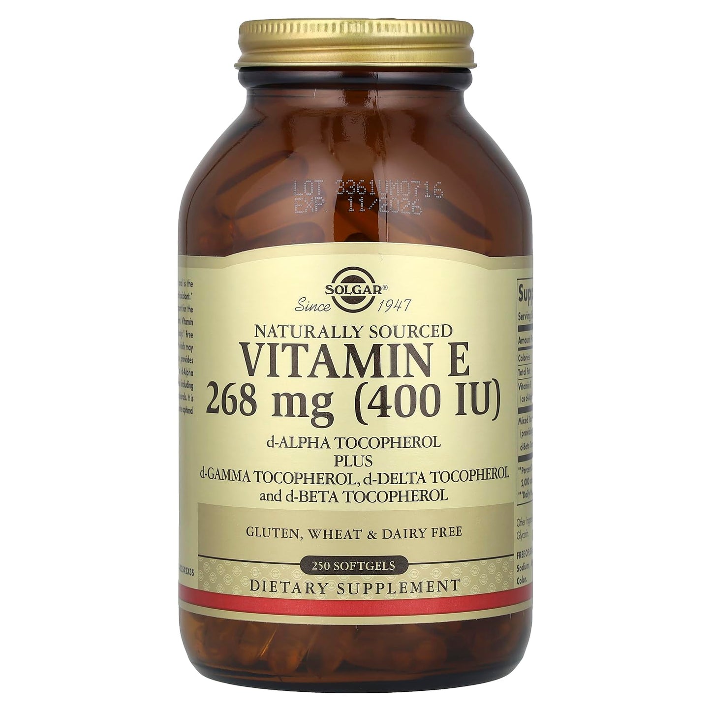 Solgar Vitamin E, d-Alpha Tocopherol Plus d-Gamma Tocopherol, d-Delta Tocopherol and d-Beta Tocopherol, 268 mg (400 IU) Softgel, 250 Count