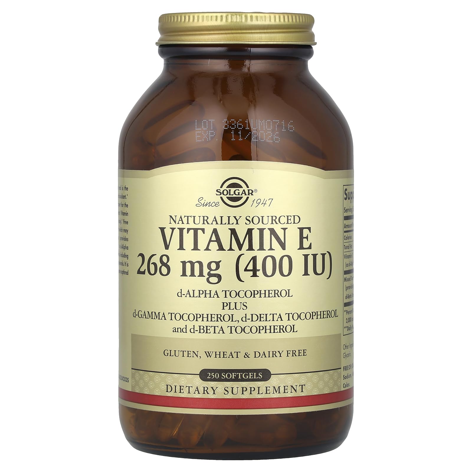 Solgar Vitamin E, d-Alpha Tocopherol Plus d-Gamma Tocopherol, d-Delta Tocopherol and d-Beta Tocopherol, 268 mg (400 IU) Softgel, 250 Count