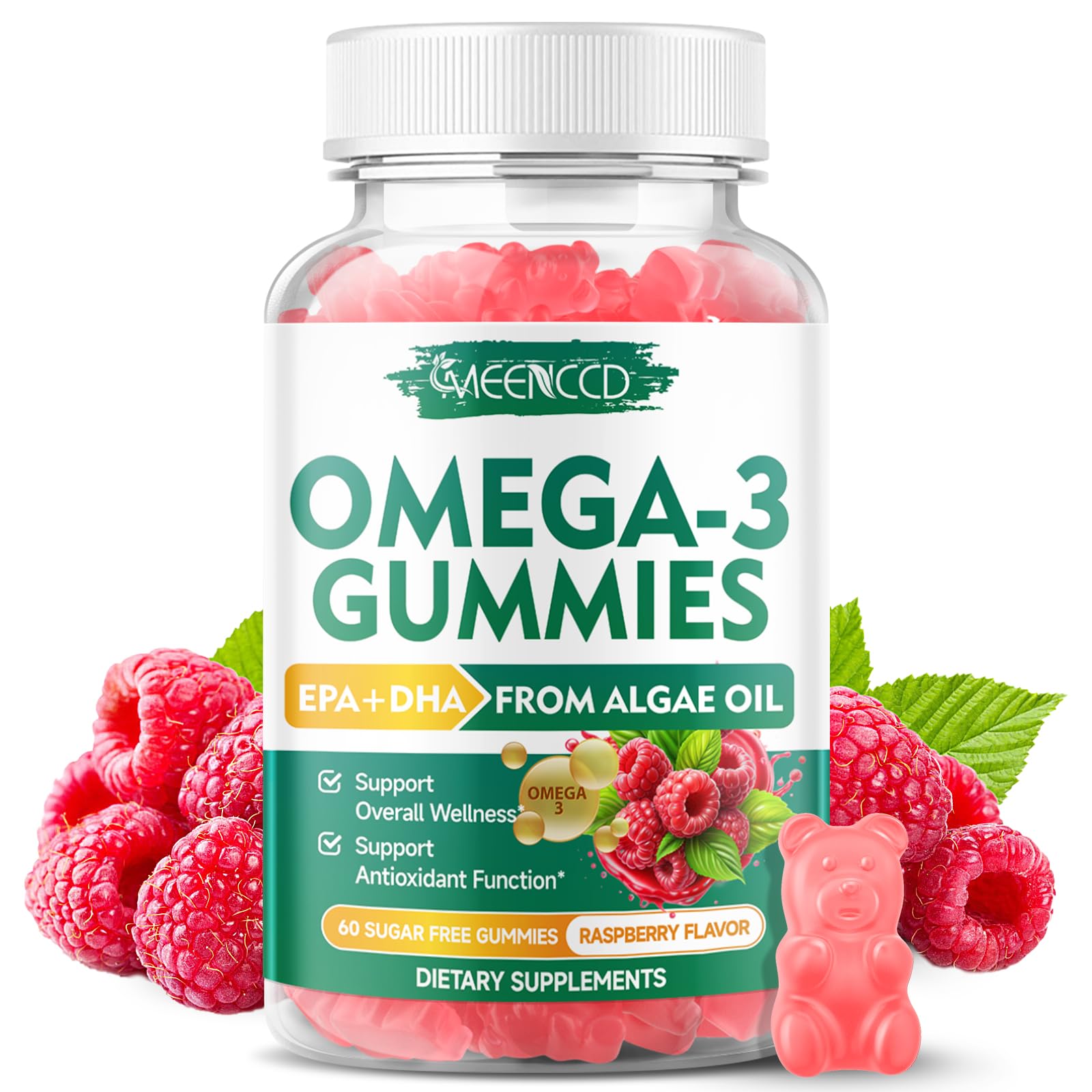 MEENCCD Vegan Omega-3 Gummies 1000mg, Algae-Based DHA 600mg & EPA 300mg, No Fish Taste, 60 Gummies