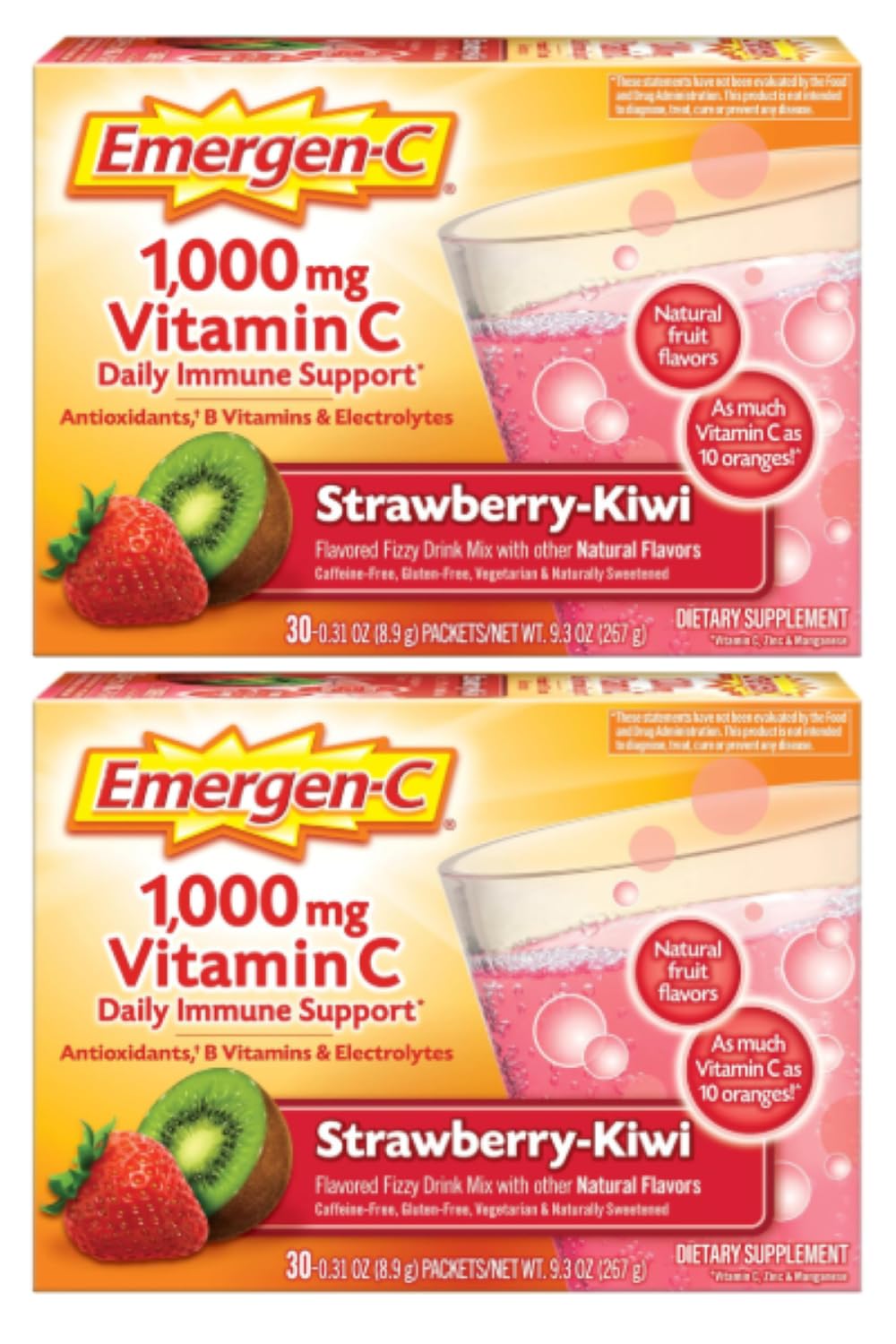 Emergen-C 1000mg Vitamin C Powder, Strawberry Kiwi Flavor, Immune Support, 30 Count (Pack of 2)