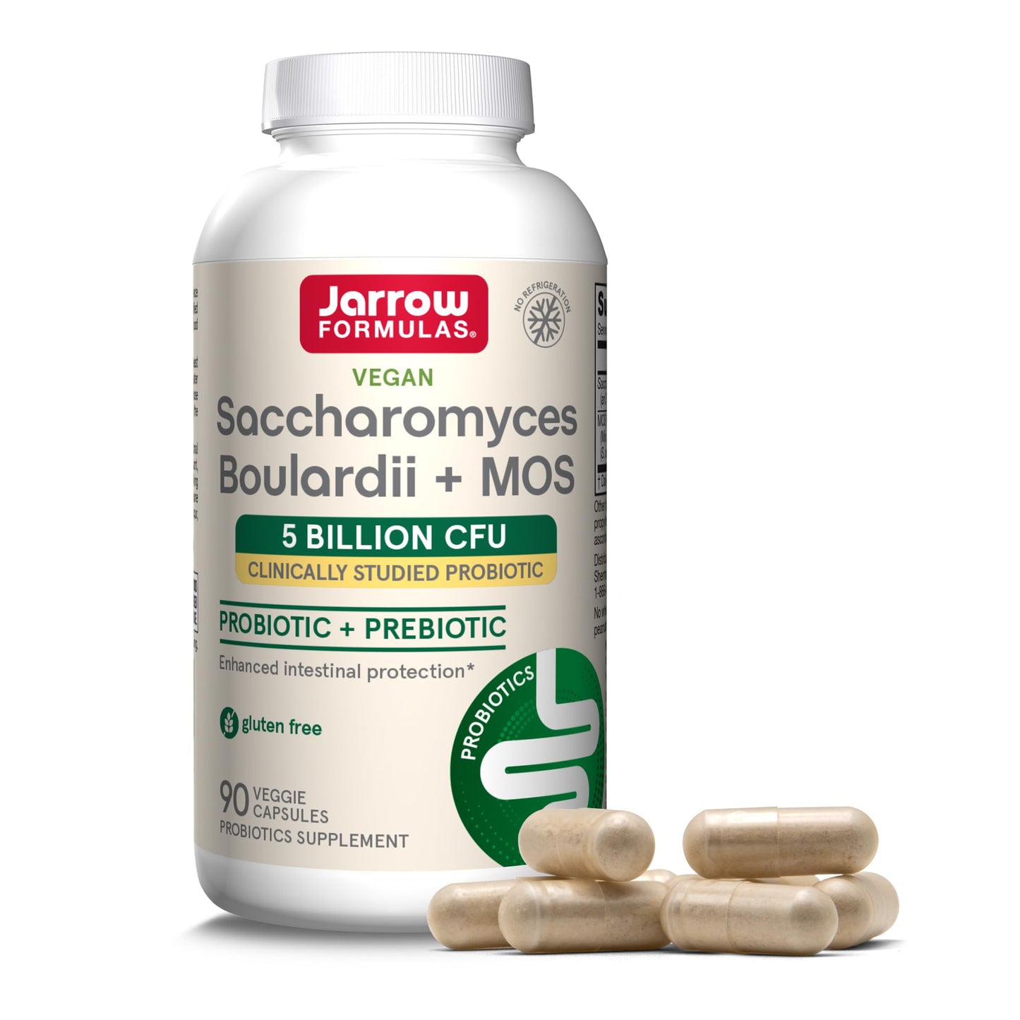 Jarrow Formulas Saccharomyces Boulardii + MOS Probiotics for Digestive Health and Intestinal Tract Support, 5 Billion CFU Per Serving, Probiotic + Prebiotic, 90 Capsules