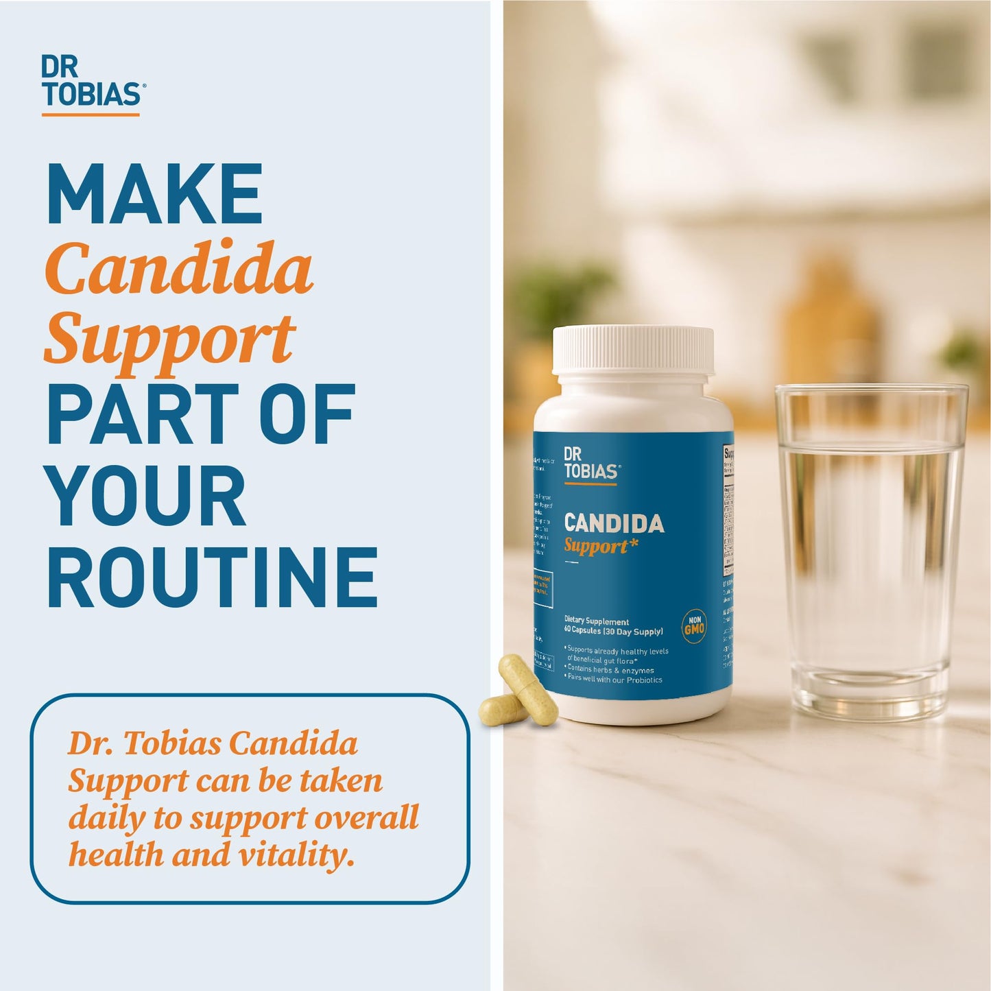 Dr. Tobias Candida Support Gut Flora Balance Complex with Oregano, Caprylic Acid, Enzymes & Probiotics for Intestinal Detox Cleanse & Gut Health, Capsules, 60 Count