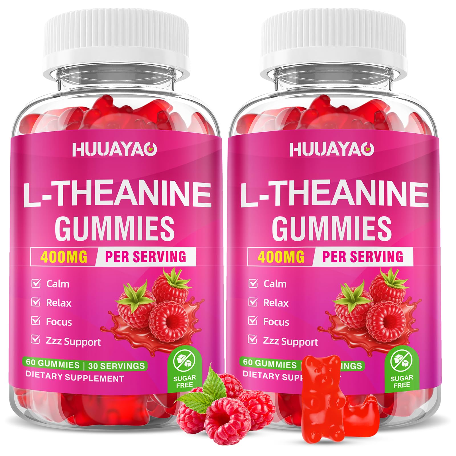 HUUAYAO L-Theanine Gummies 400mg with Ashwagandha, GABA, 5-HTP for Calm, Zzz & Relaxation Support, Raspberry Flavor, 120 Gummies
